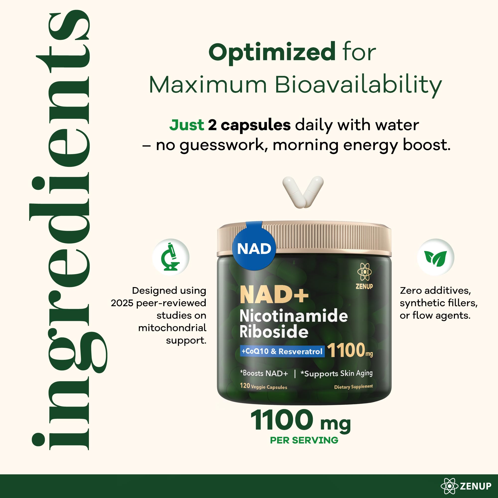 ZenUP NAD+ Supplement | 1100mg Liposomal Nicotinamide Riboside with Resveratrol & Quercetin | Anti-Aging, Cellular Energy, Mental Focus | 120 Caps ZenUP buy supplements canada