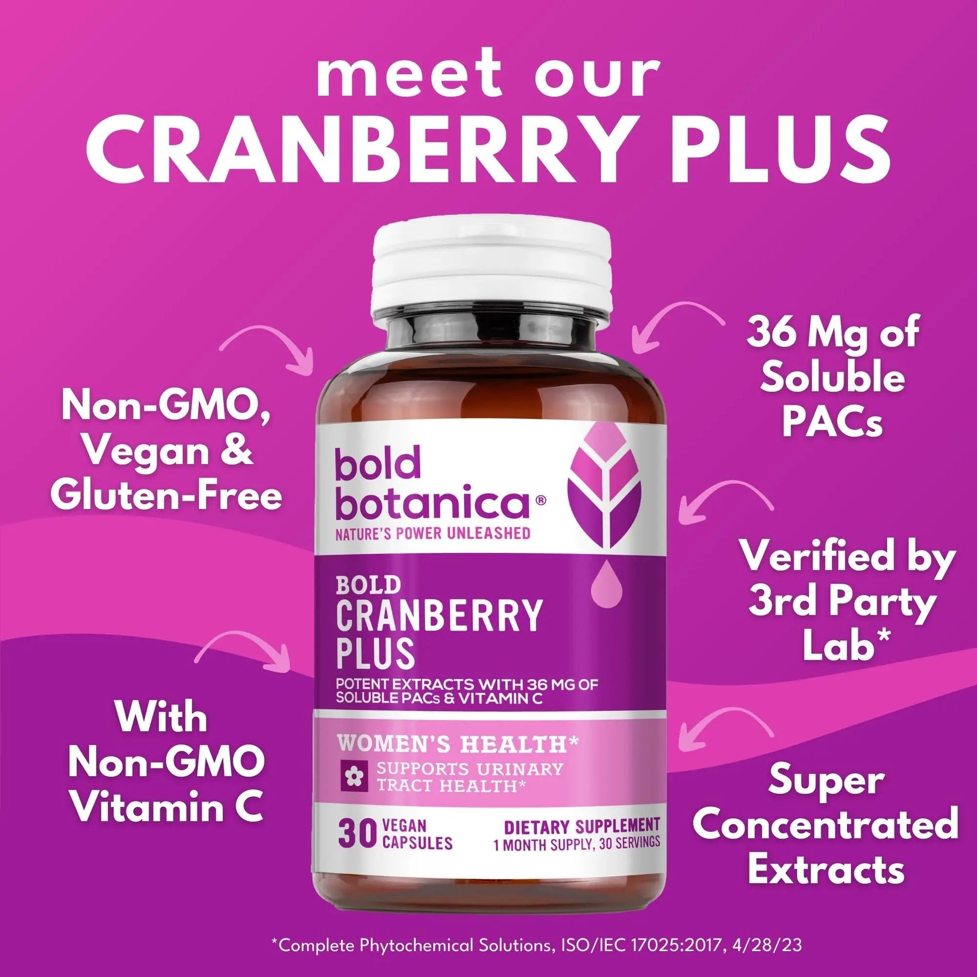Bold Cranberry Plus Capsules - 100% Soluble 36mg PACs - Cranberry Pills for Women & Men with Urinary Tract Support, Non-GMO Vitamin C — 30 Vegan Capsules, 1 Month Supply Bold Botanica buy supplements canada