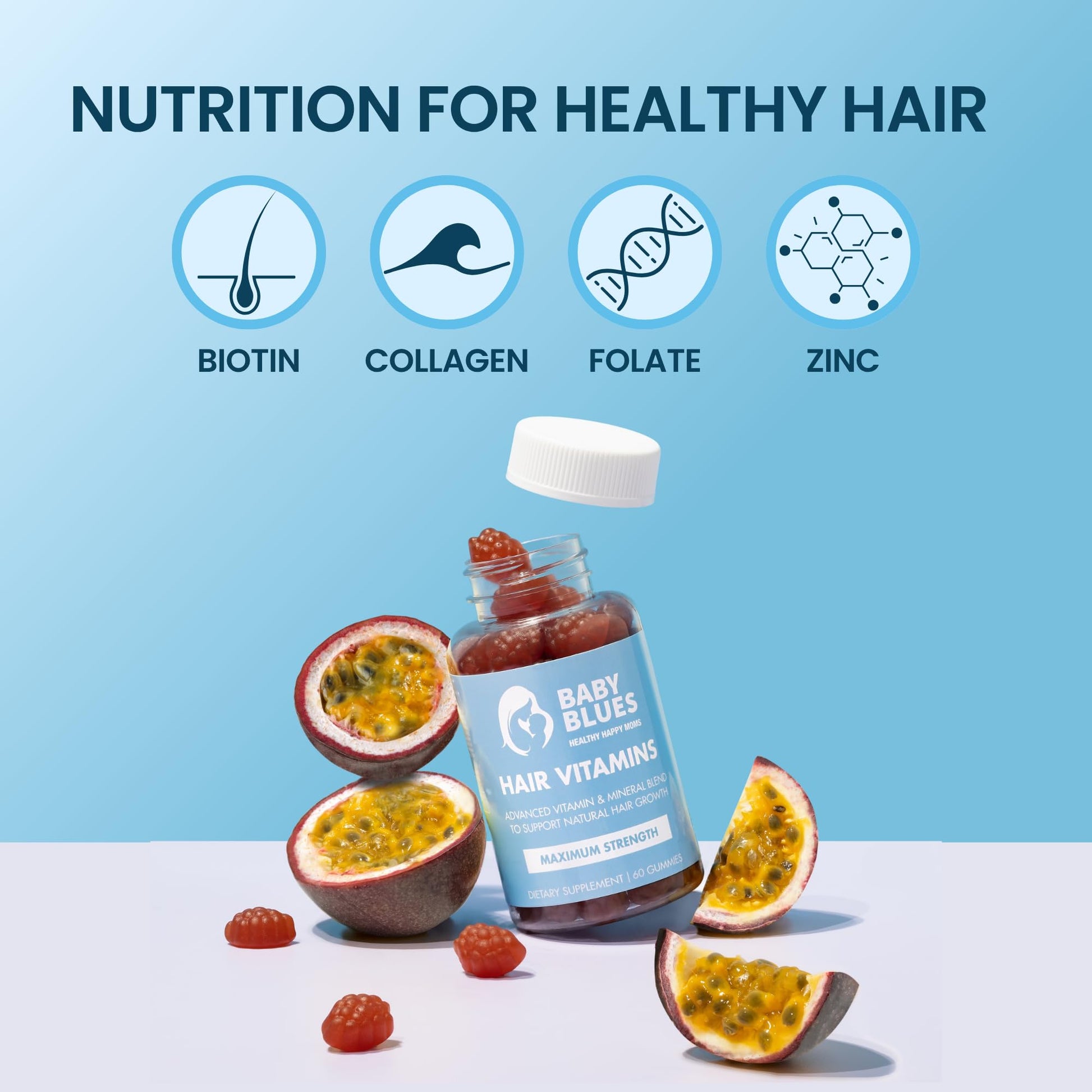 Baby Blues Postpartum Hair Loss Vitamins - Passion Fruit Gummies with Biotin, Collagen, & Folate Baby Blues buy supplements canada