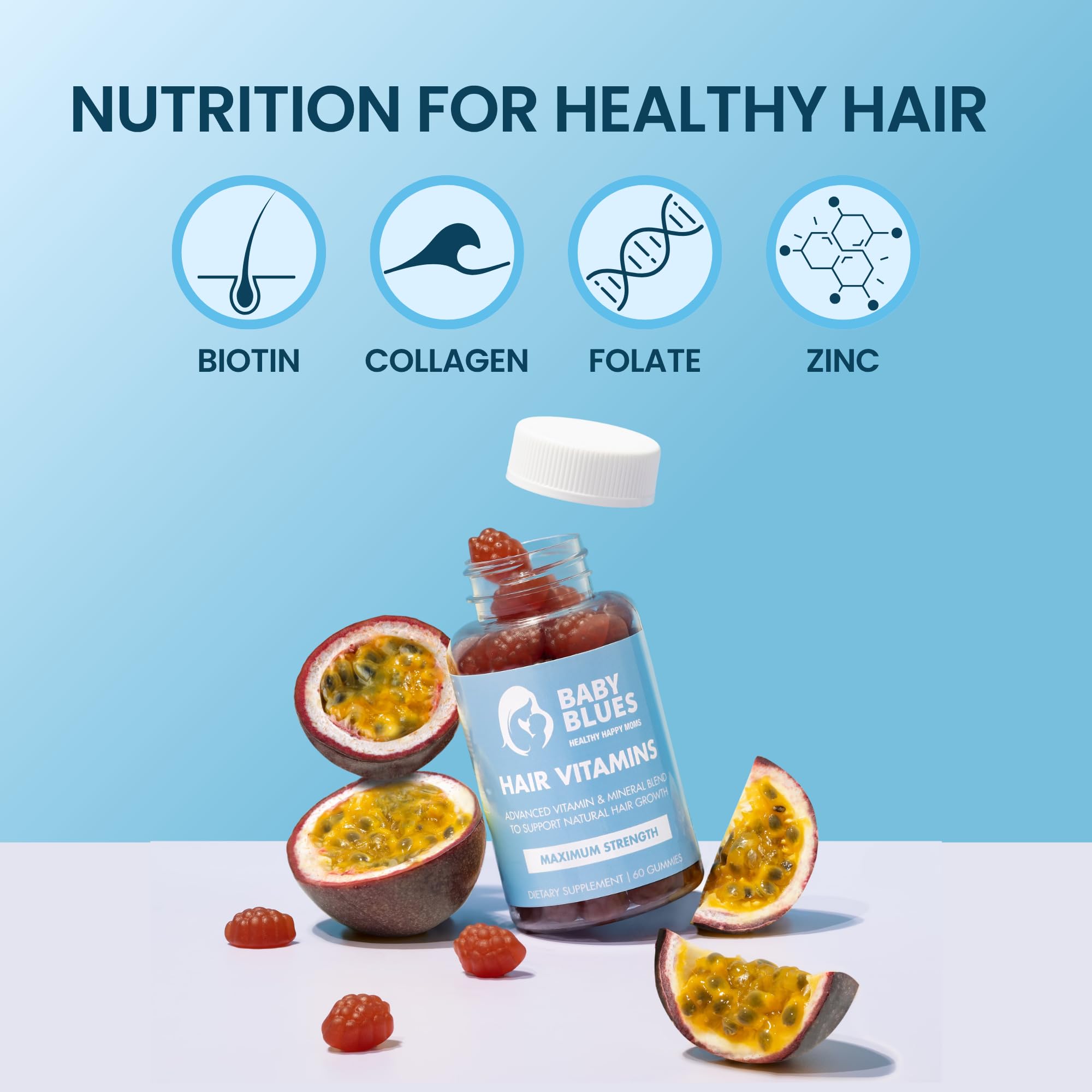 Baby Blues Postpartum Hair Loss Vitamins - Passion Fruit Gummies with Biotin, Collagen, & Folate Baby Blues buy supplements canada