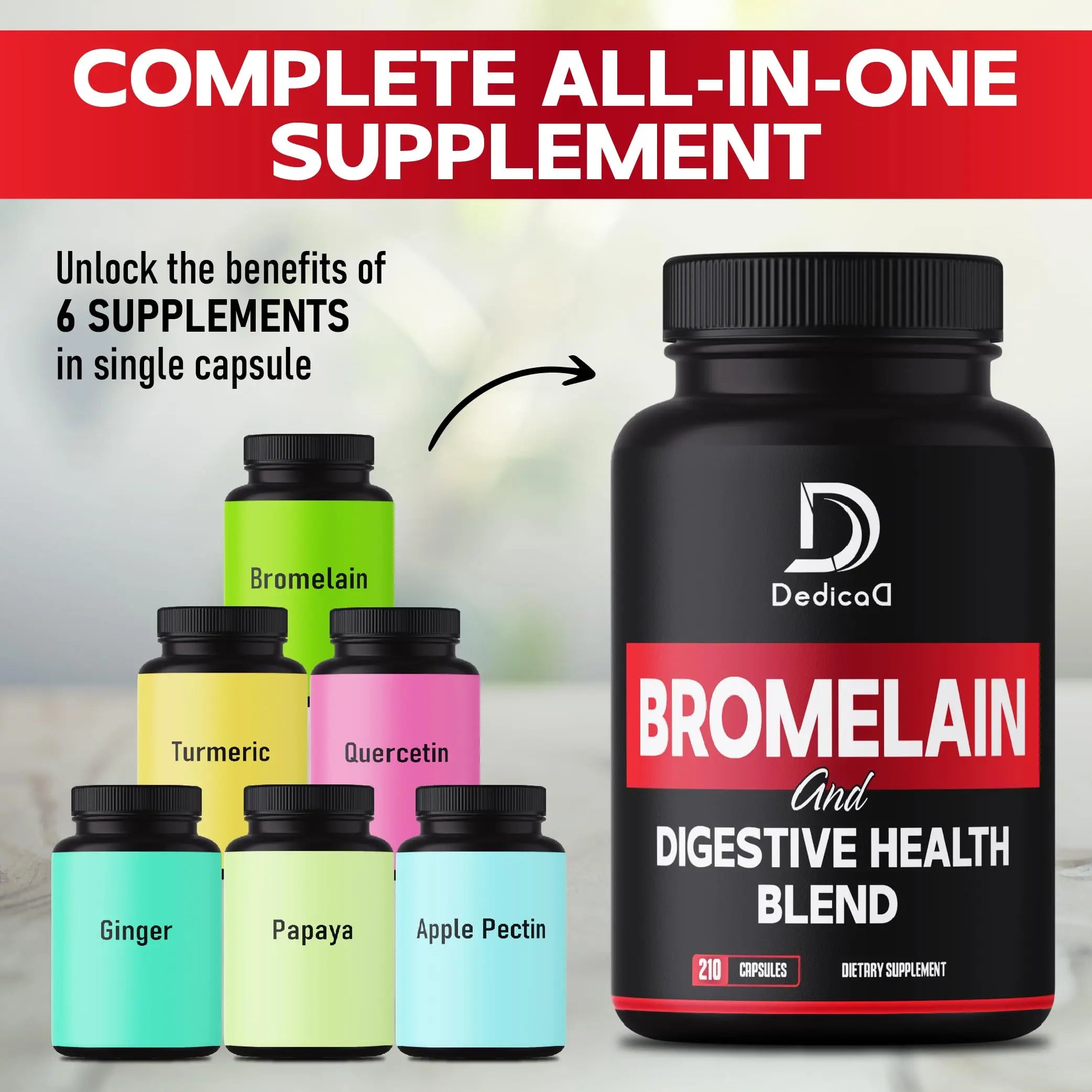 DEDICAD 6in1 Bromelain 500mg Supplement - 1000mg per Serving - 210 Capsules with Digestive Health Blend as Quercetin, Ginger, Turmeric, Papaya - Support Overall Health, Digestion & Immune System DEDICAD buy supplements canada