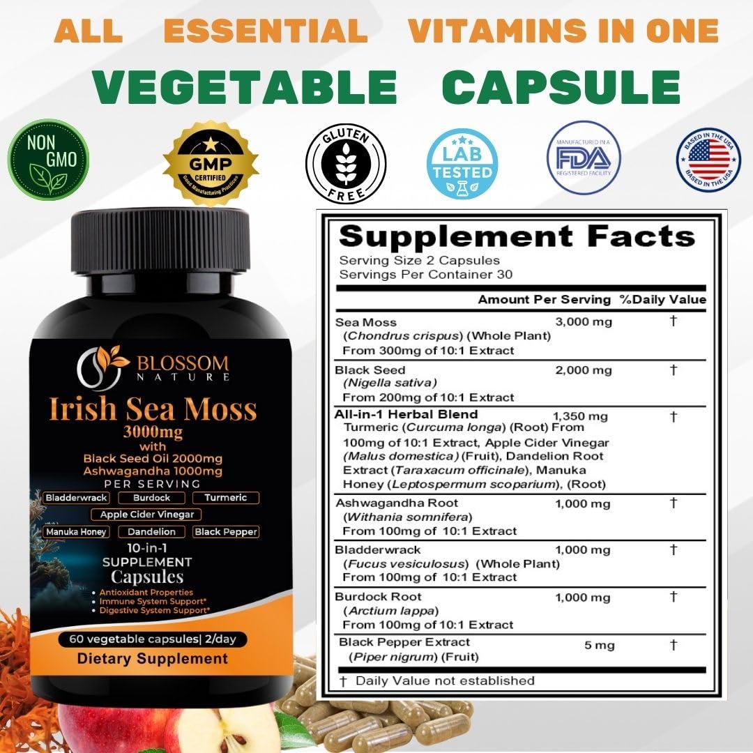 10-in-1 Irish Sea Moss Veggie Caps 3000mg Black Seed Oil Ashwagandha Bladderwrack Burdock Turmeric Apple Cider Vinegar Manuka Honey Dandelion Black Pepper - Made in US(Veggie Caps, Unflavored) Blossom Nature buy supplements canada