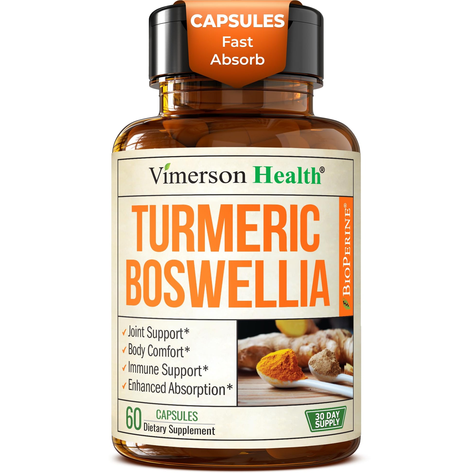 Turmeric Supplement w/Boswellia Serrata – Daily Support for Joint Health & Comfort – Organic Turmeric Curcumin Powder, Bioperine for Enhanced Absorption & Ginger Root – 60 Boswellia Extract Capsules Vimerson Health buy supplements canada