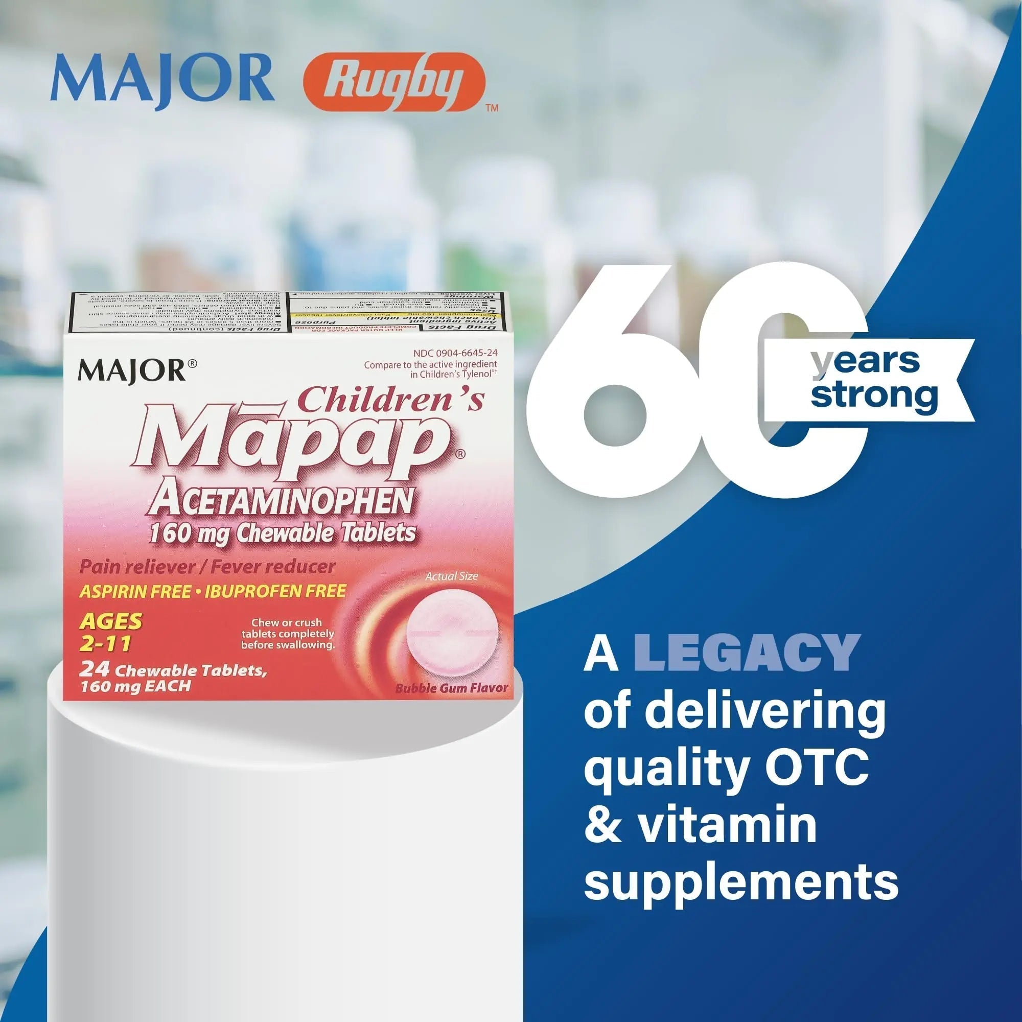 MAJOR Children’s Mapap Acetaminophen 160 mg Chewable Tablets - Pain Reliever/Fever Reducer - Aspirin Free - Ibuprofen Free - for Ages 2 to 11-24 Count (3 Pack) MAJOR buy supplements canada