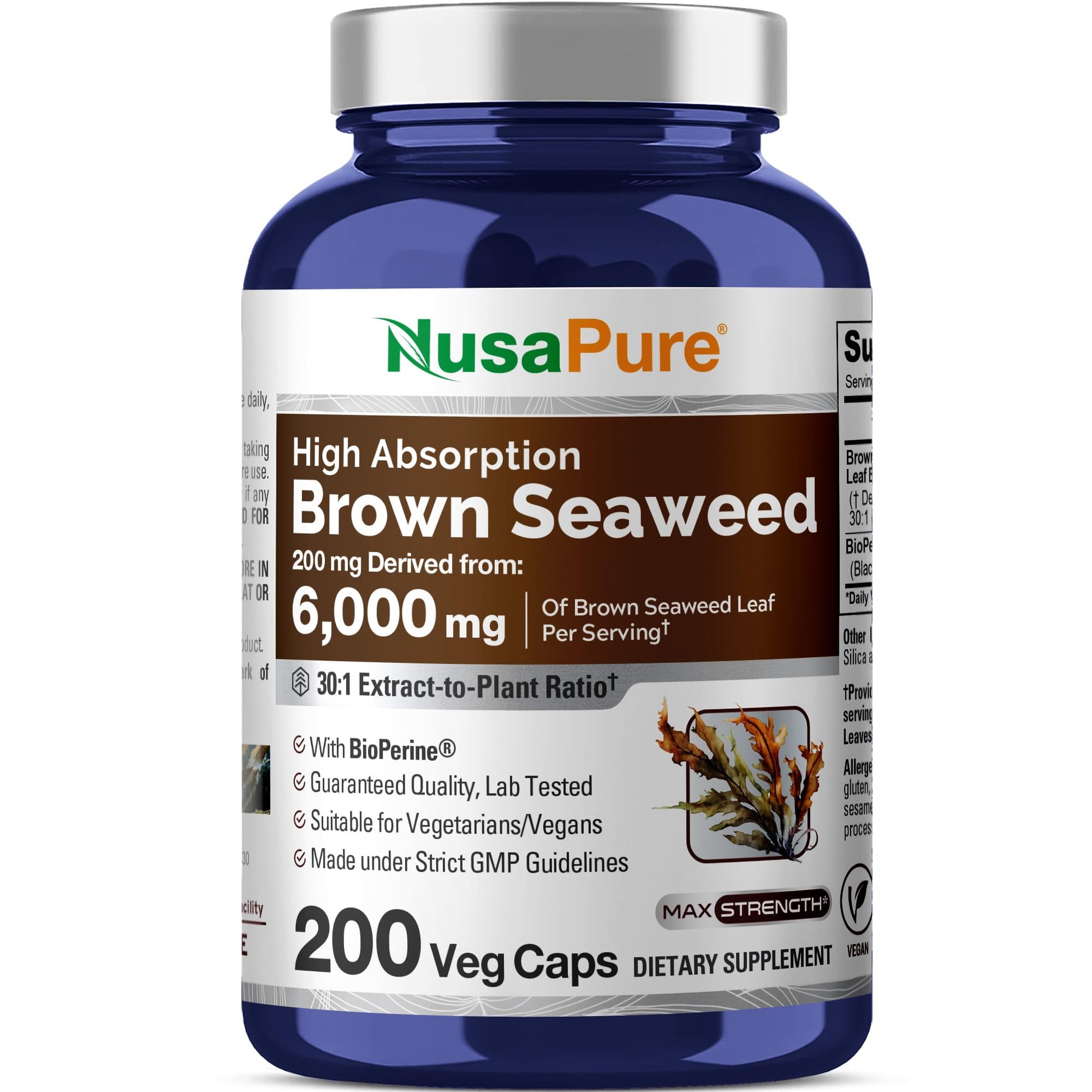 NusaPure Brown Seaweed 30:1 Extract, 200 mg Equivalent to 6,000 mg 200 Veggie Capsules - (Vegan, Non-GMO Bioperine) NusaPure buy supplements canada