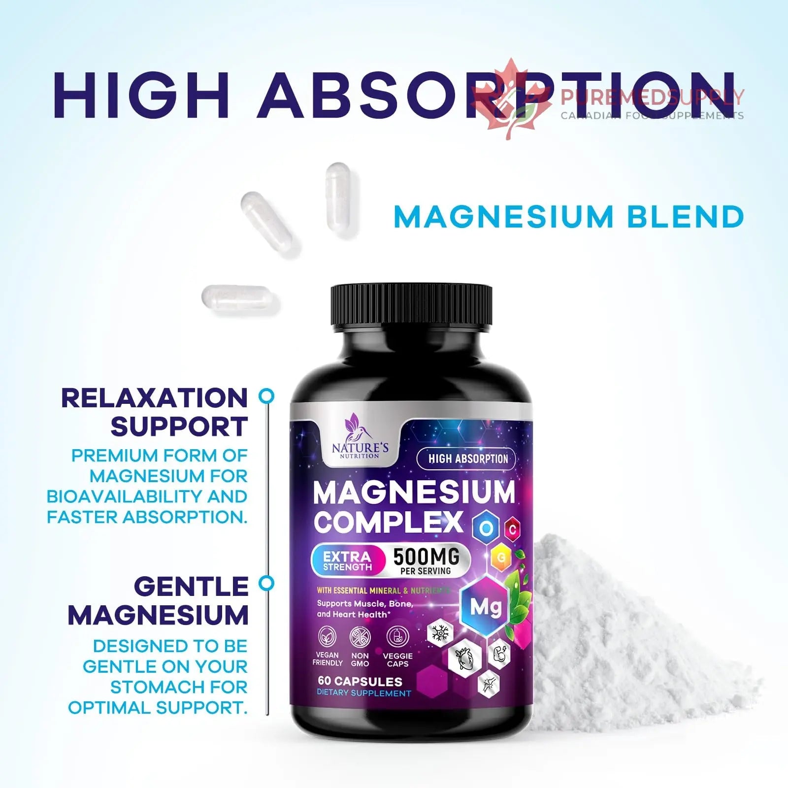 Magnesium Complex Supplement - Magnesium 500 mg Per Serving - 4 in 1 High Absorption Blend - 100% Chelated Magnesium Glycinate with Malate, Citrate & Oxide - Vegan Complex - USA Bottled - 60 Capsules Nature's Nutrition buy supplements canada