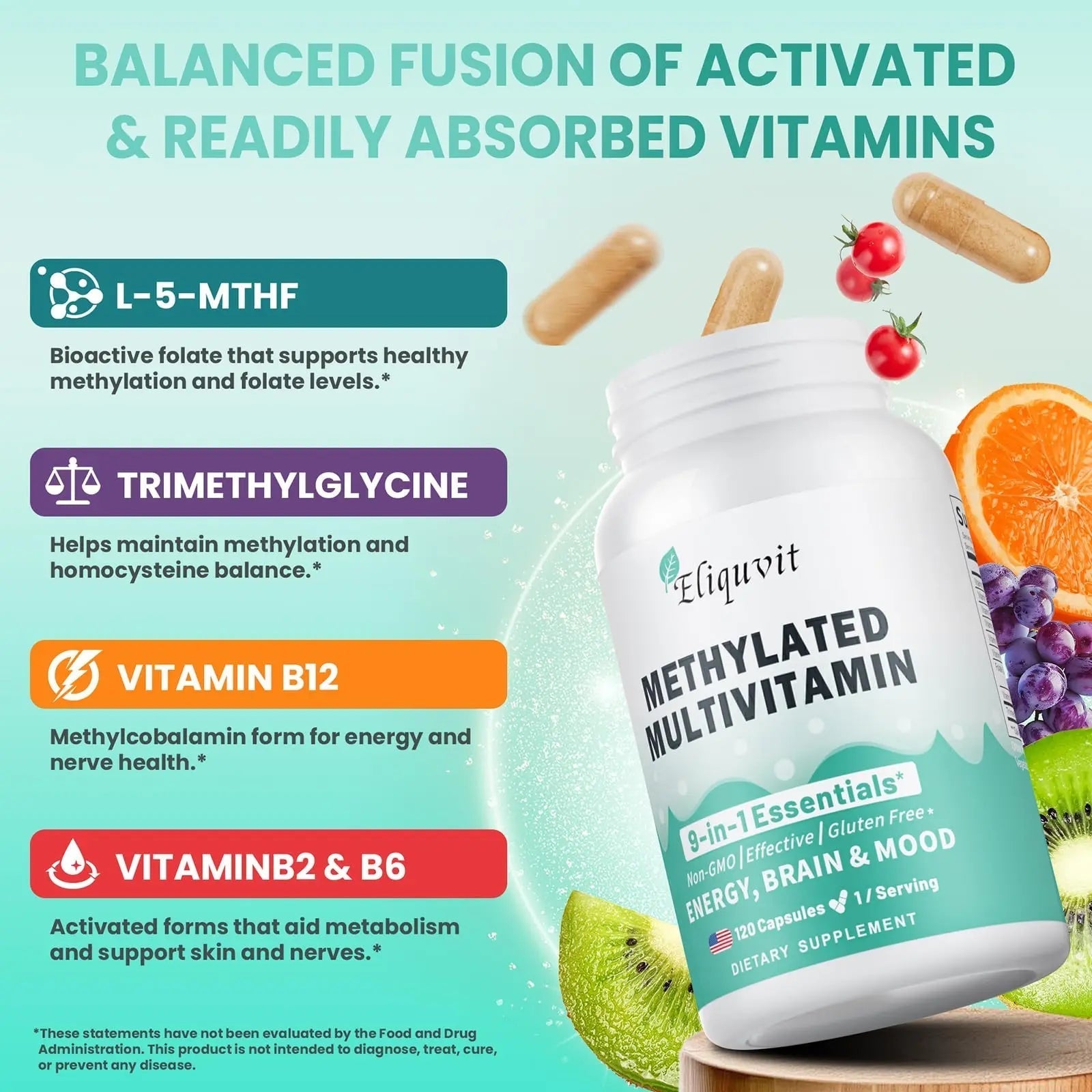 Eliquvit Methylated Multivitamin for Men & Women - Methylated B Complex with Methylfolate & B12-9-in-1 MTHFR Support + TMG - Vegan Multivitamin Eliquvit buy supplements canada