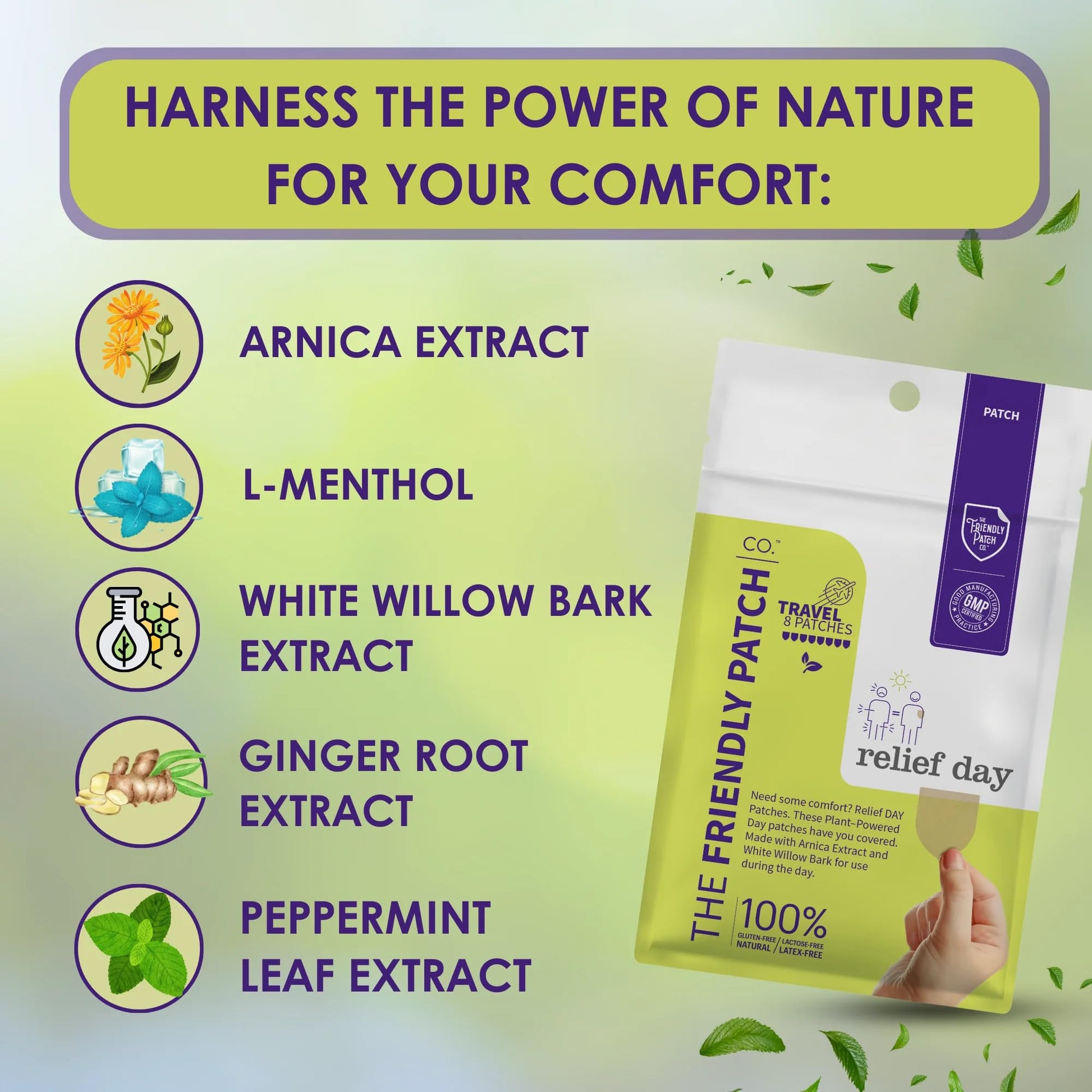 Relief Day Patch - Arnica, White Willow Bark, Saffron & Peppermint for Soreness and discomfort for Women and Men The Friendly Patch CO. buy supplements canada