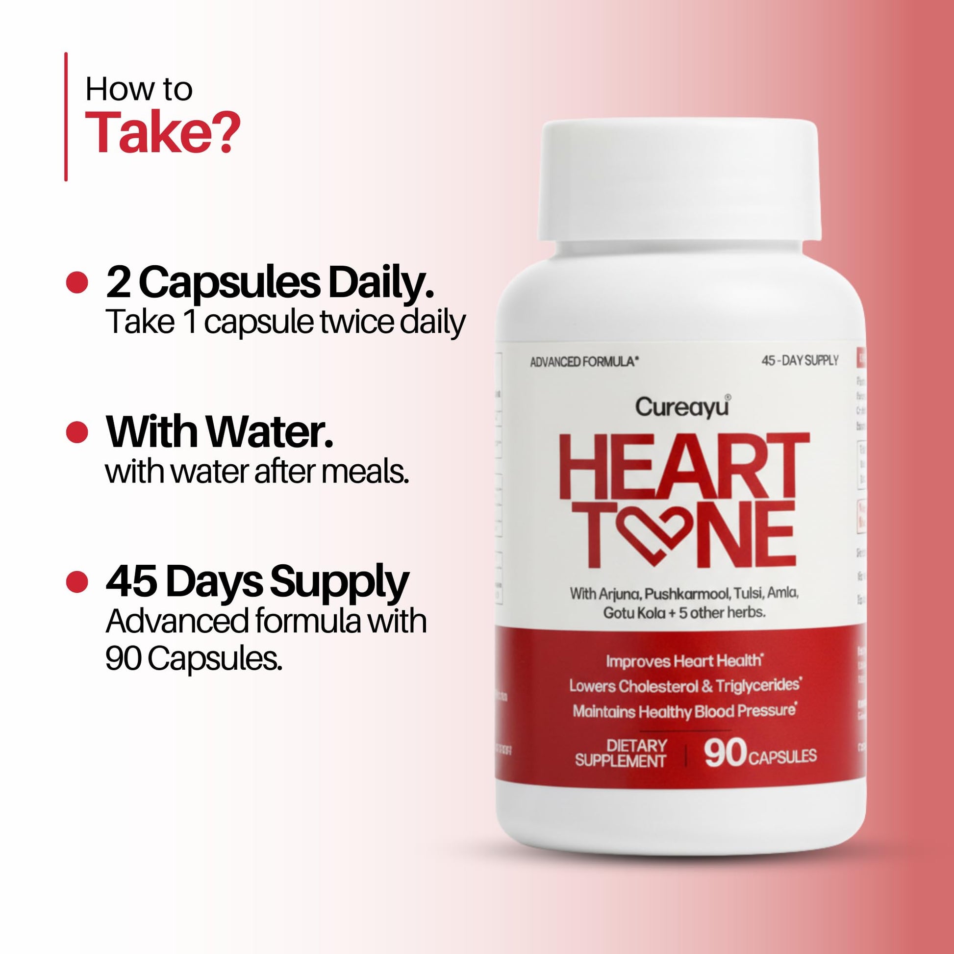 Cureayu Heart Tone Capsules | Natural Heart Health Supplement | Supports Healthy Cholesterol & Triglycerides Levels | with Arjuna, Pushkarmool + 8 Other Herbs | 90 Capsules Cureayu buy supplements canada