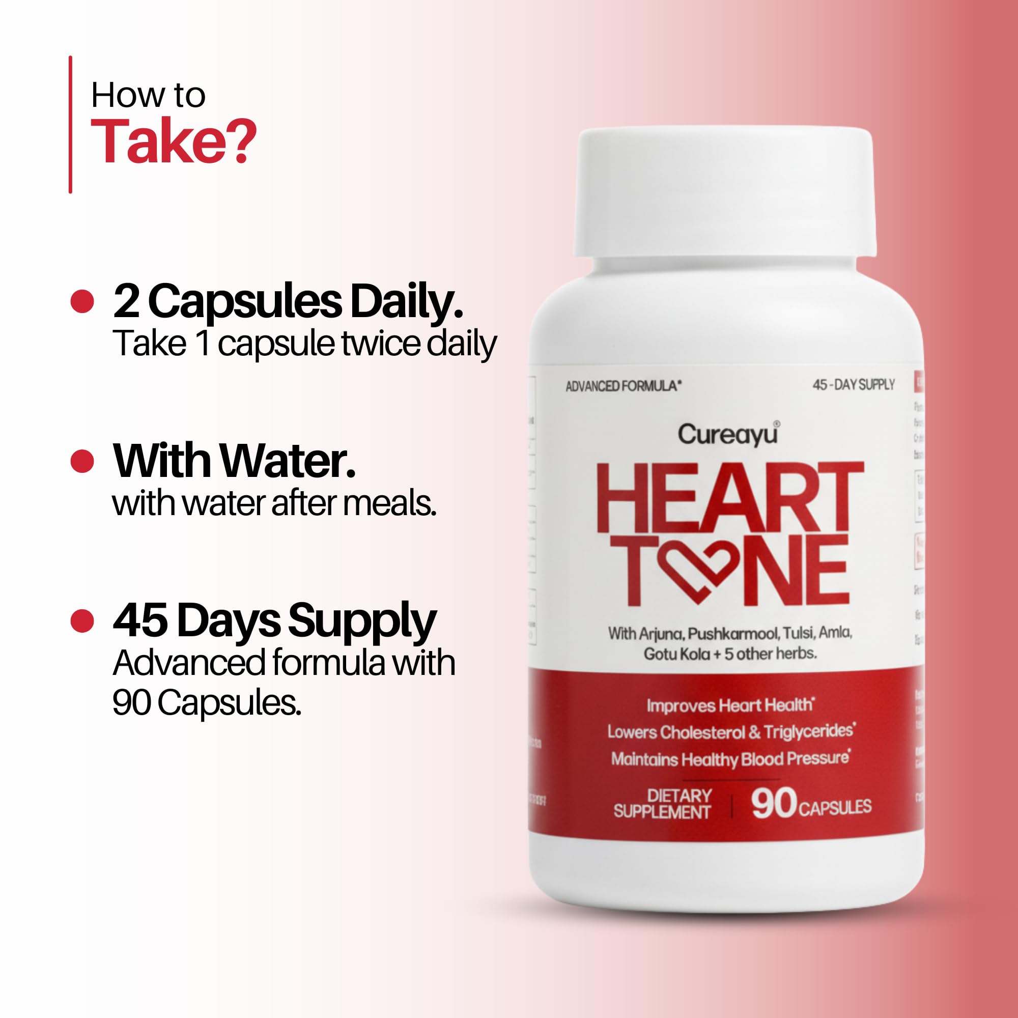 Cureayu Heart Tone Capsules | Natural Heart Health Supplement | Supports Healthy Cholesterol & Triglycerides Levels | with Arjuna, Pushkarmool + 8 Other Herbs | 90 Capsules Cureayu buy supplements canada