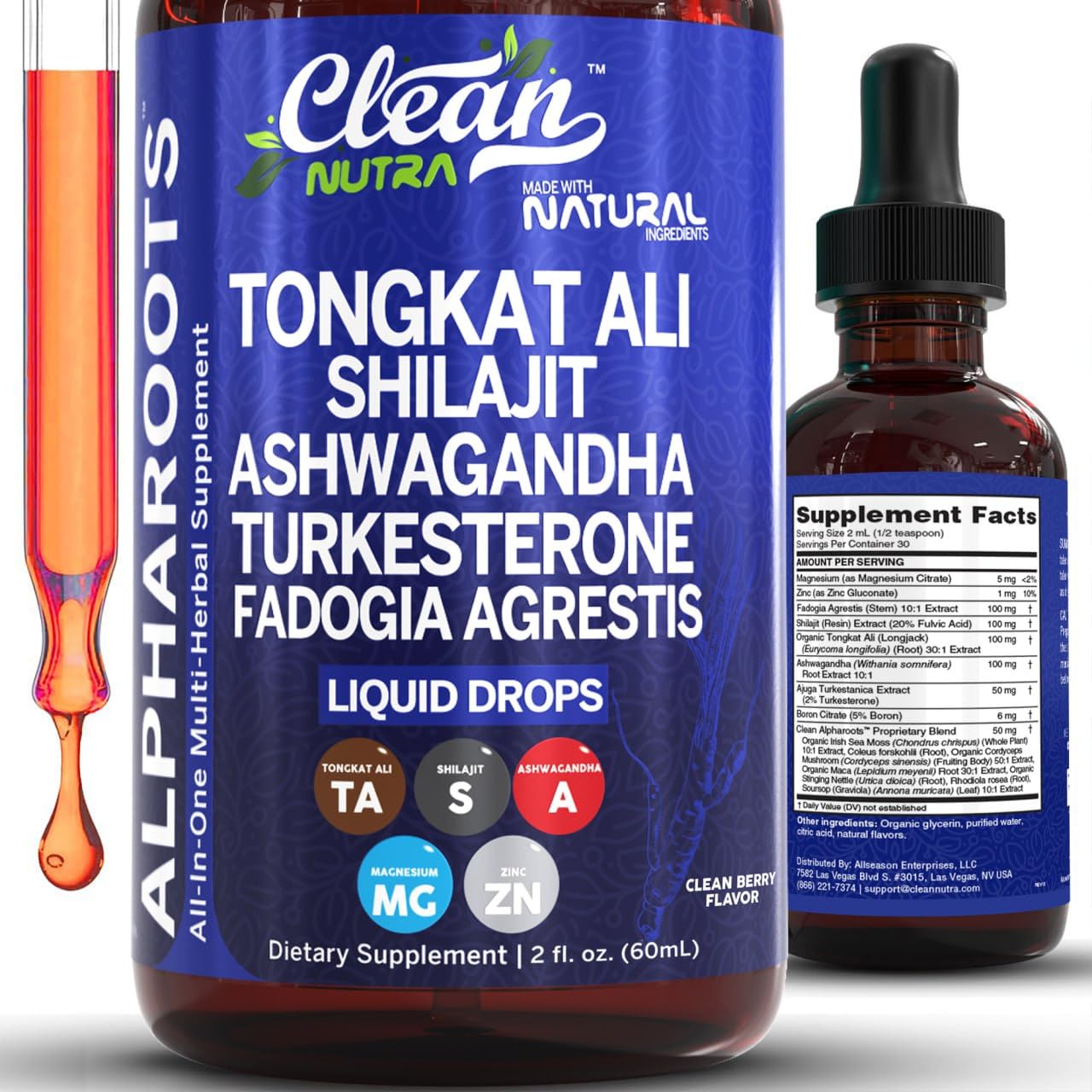 Tongkat Ali Liquid Drops Shilajit, Ashwagandha, Turkesterone, Fadogia Agrestis, Magnesium, Irish Sea Moss, and Zinc Herbal Supplement by Clean Nutra Clean Nutraceuticals buy supplements canada