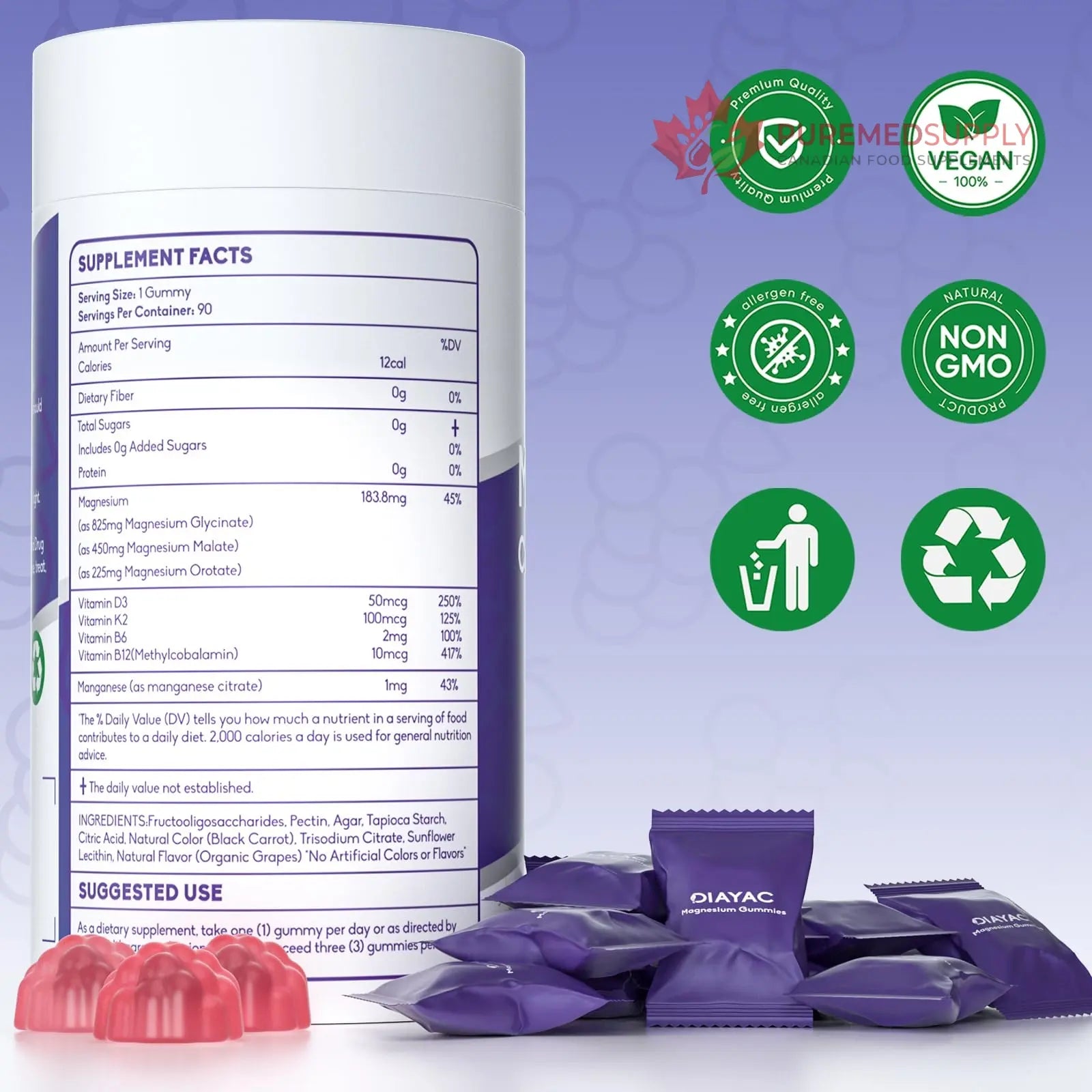 Magnesium Complex Gummies, Individually Packaged Magnesium Supplement, Magnesium Chelate, Bisglycinate, Malate, Citrate, Taurate Chewable for Women & Men,Sleep&Muscle&Nerve Health, Vegan 90 Counts DIAYAC buy supplements canada