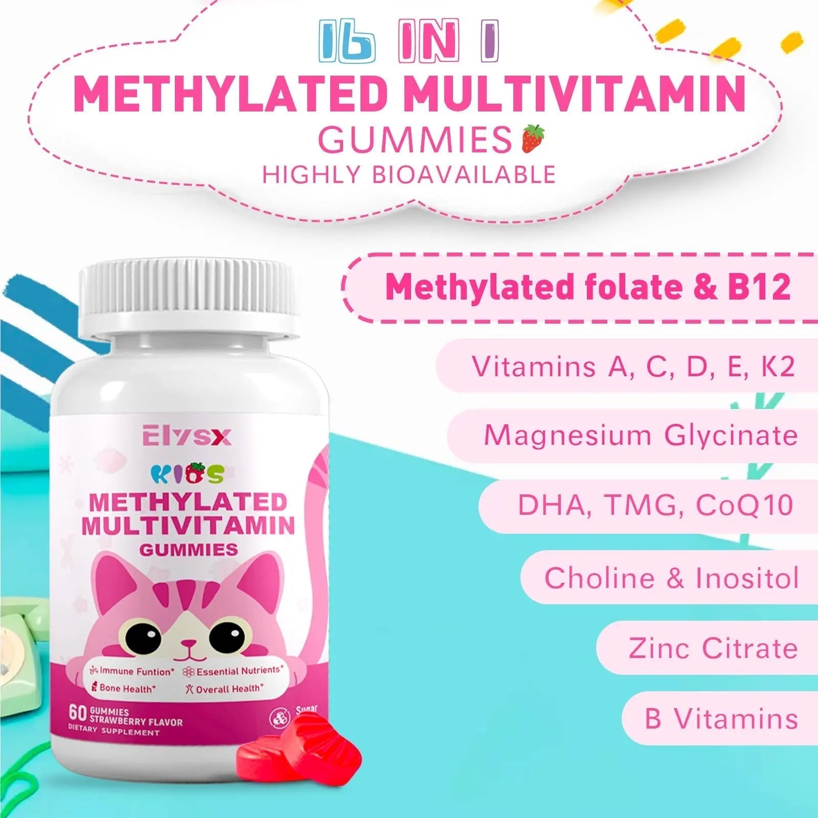 Elysx Kids Methylated Multivitamin Chewable Gummies, MTHFR Supplement with L Methylfolate, Magnesium, Biotin, Choline Elysx buy supplements canada