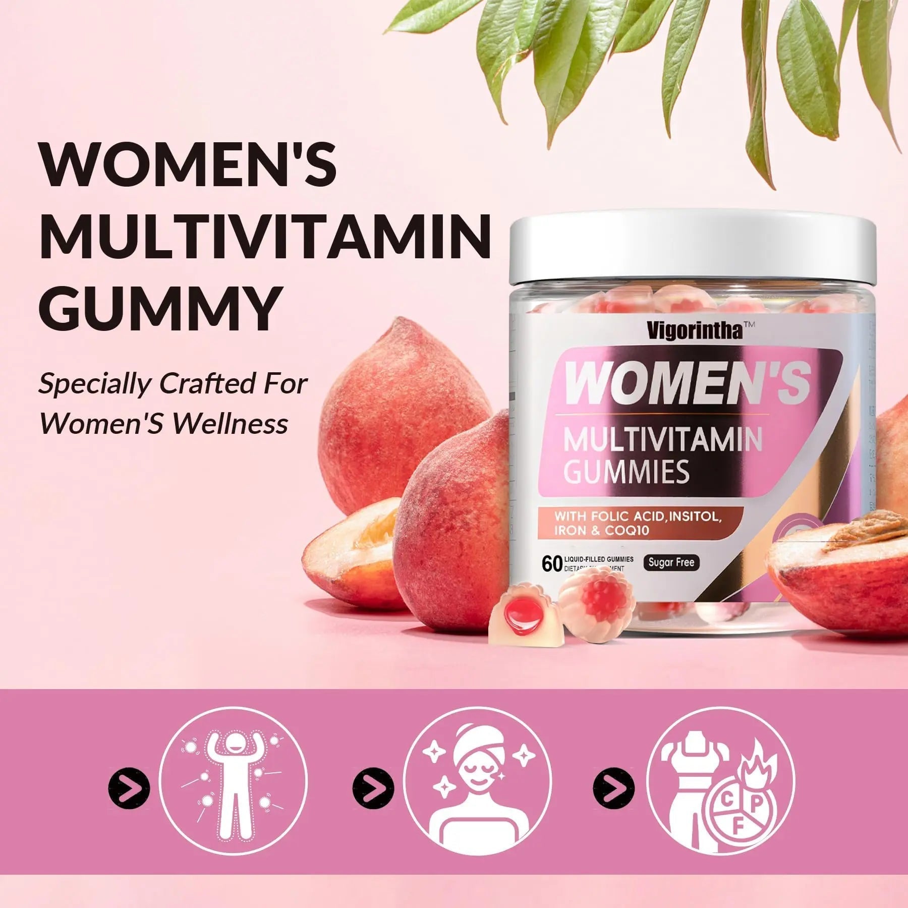 Vigorintha 2 Pack Sugar Free Womens Multivitamin Gummies with 19 Multi Vitamins & Minerals,Iron,Calcium,Folate,Biotin,Inositol Vigorintha buy supplements canada