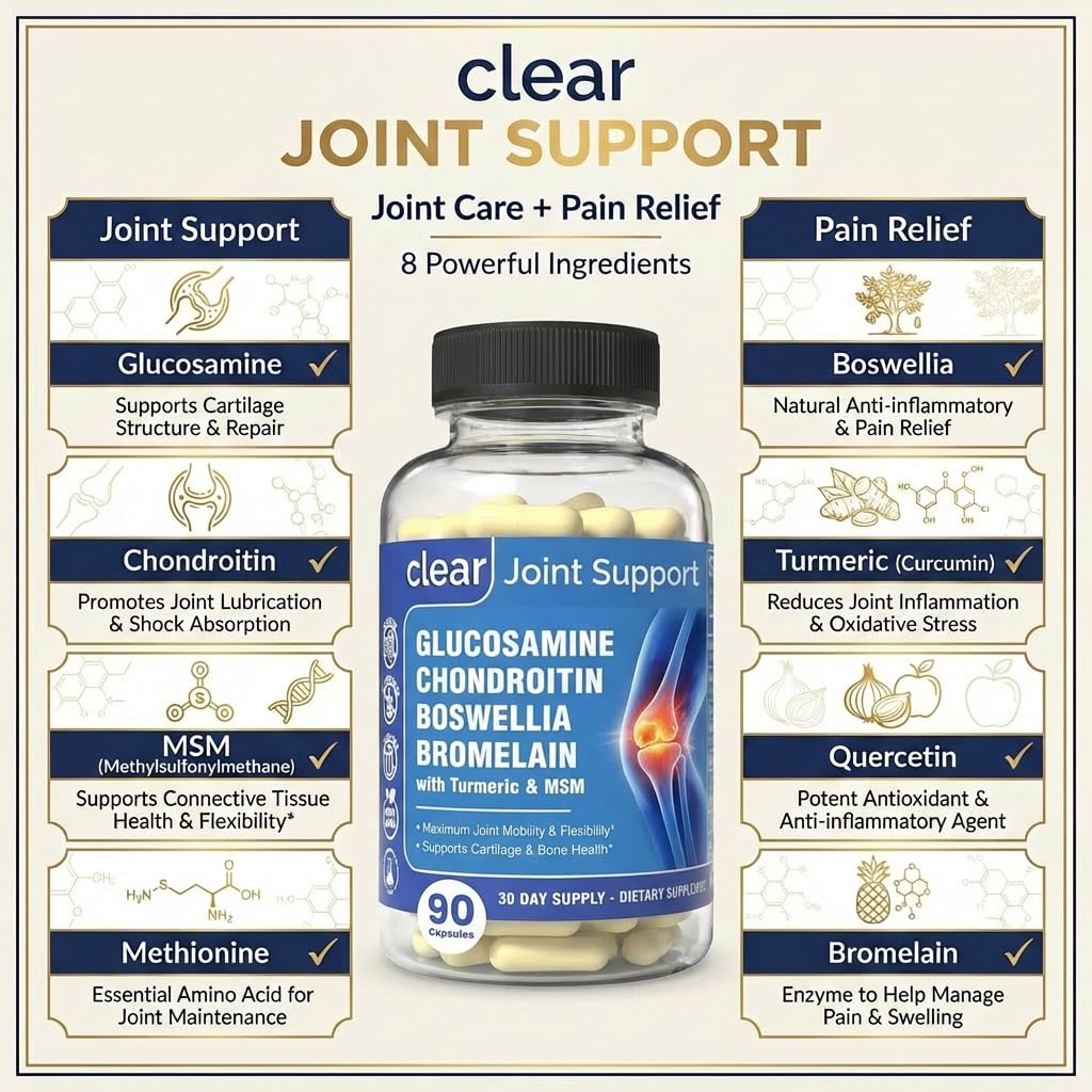 Clear Joint Support - 1500mg Glucosamine Chondroitin MSM - 8 in 1 Joint Health Supplement with Turmeric and Boswellia for Men & Women, Knee, Hip & Back Support, Made in USA, 90 Capsules Clear Probiotics buy supplements canada