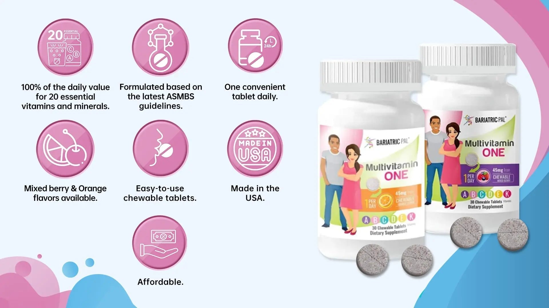 BariatricPal Multivitamin ONE 1 per Day! Bariatric Multivitamin Chewable with 45mg Iron - Mixed Berry (30 Count) BariatricPal buy supplements canada