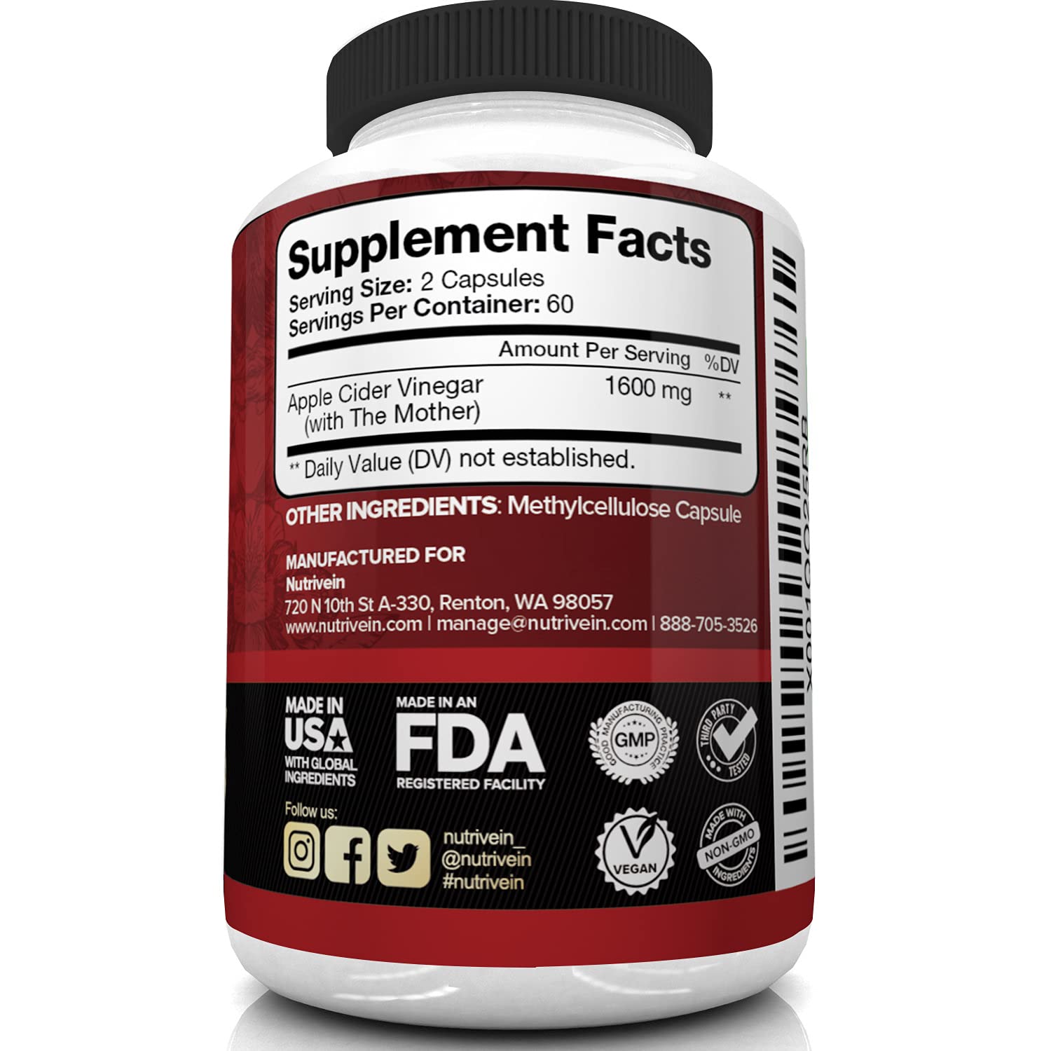 Nutrivein Apple Cider Vinegar Capsules with Mother - 1600mg - 120 Vegan Nutrivein buy supplements canada