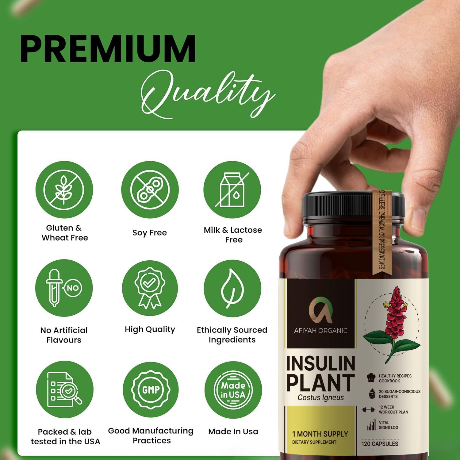 Afiyah Organic - Premium Quality Costus Igneus (Insulin Plant) Capsules - Easy to Swallow 120 Veggie Capsules (1 Month Supply) - Made in the USA - Including Complete Health Support Program Afiyah Organic buy supplements canada