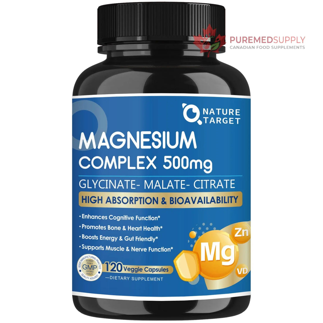 Magnesium Complex 500mg, Magnesium Glycinate, Malate & Citrate - High Absorption Chelated Triple Magnesium Supplement with Zinc, Vitamin D3 for Muscle, Nerve, Bone & Immune Support, Vegan 120 Capsules NATURE TARGET buy supplements canada