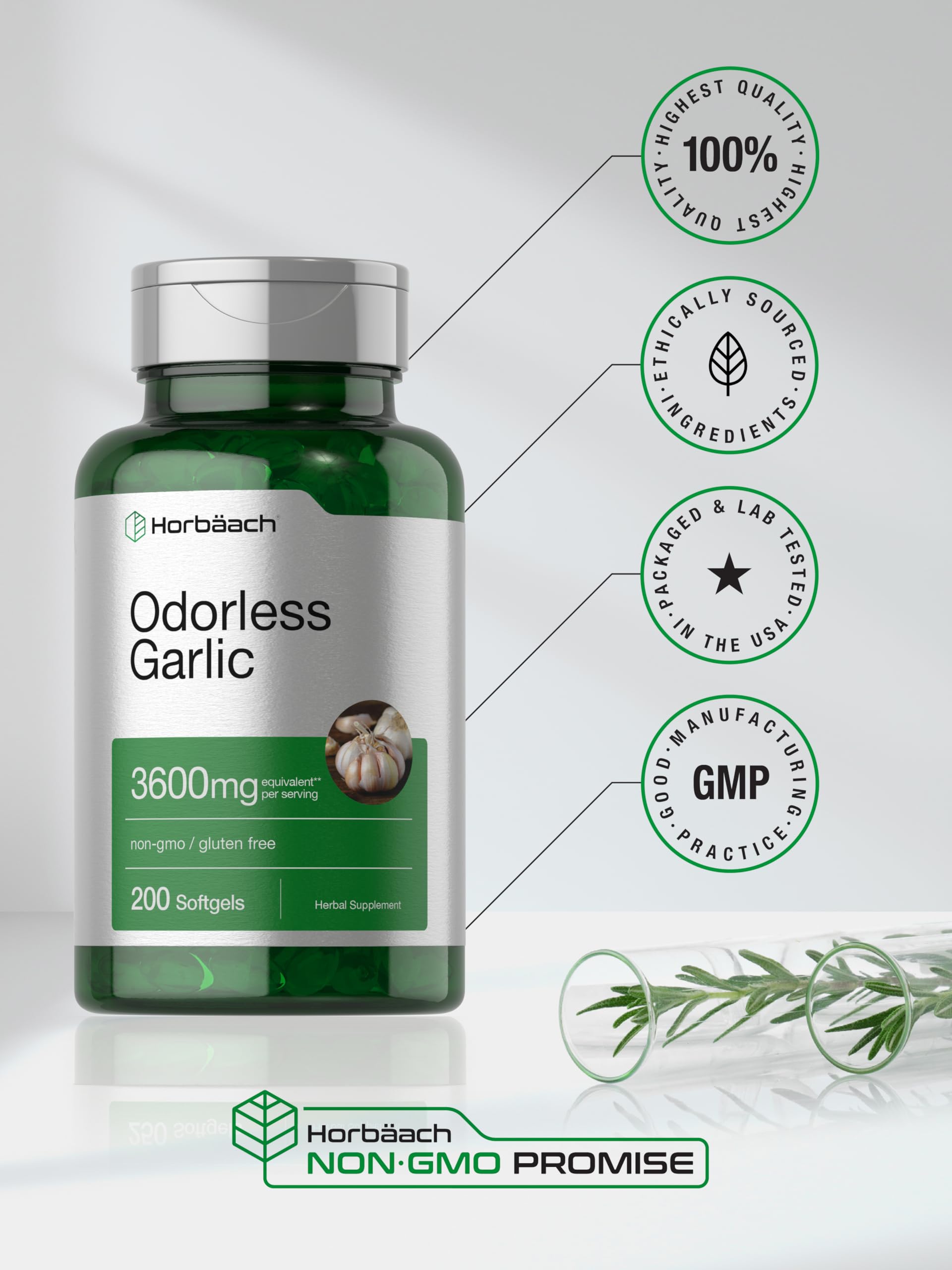Horbäach Odorless Garlic Softgel Supplement | 200 Count | Ultra Potent Concentrated Herbal Extract | Non-GMO & Gluten Free Horbäach buy supplements canada