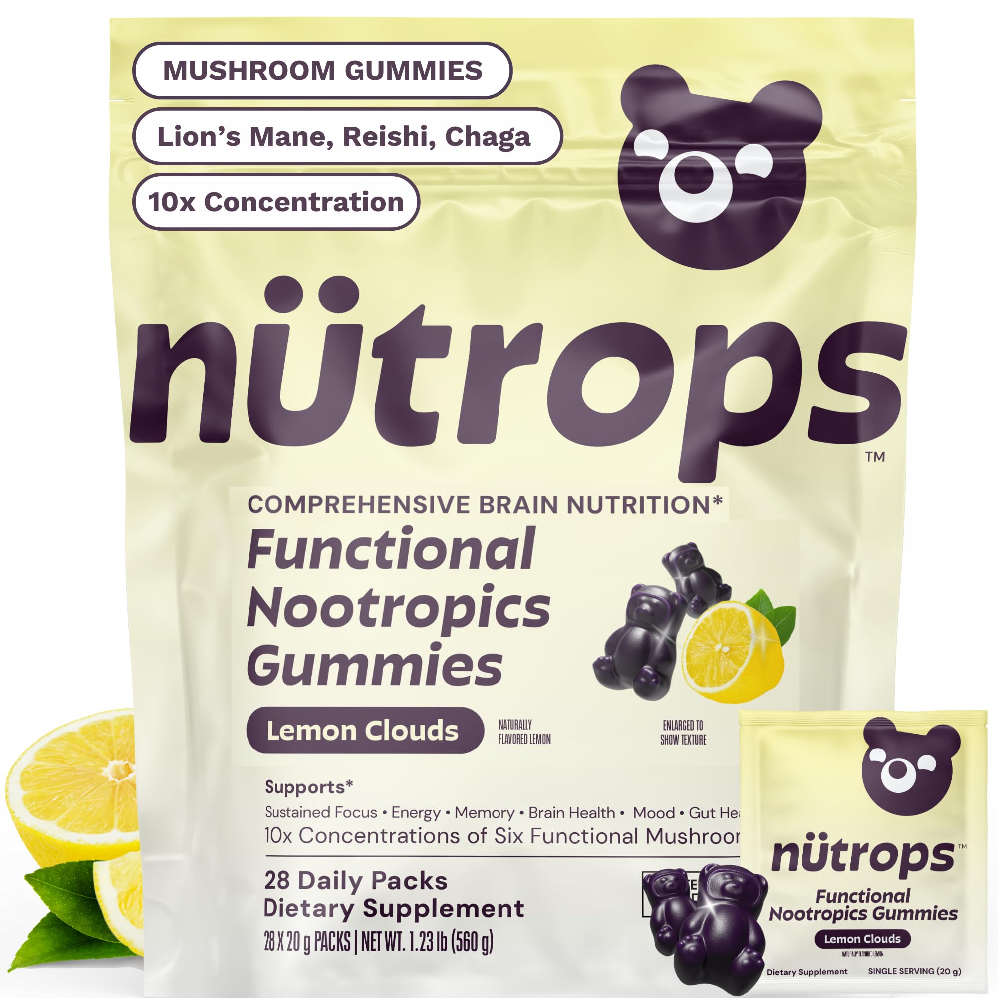 Nutrops Lions Mane Mushroom Gummies for adults, Functional Nootropics, Herbal Brain Supplement for Energy, Brain Health, Cognitive, Memory & Focus, Reishi, Chaga, Cordyceps, Coriolus, 28 daily Packs Grüns buy supplements canada