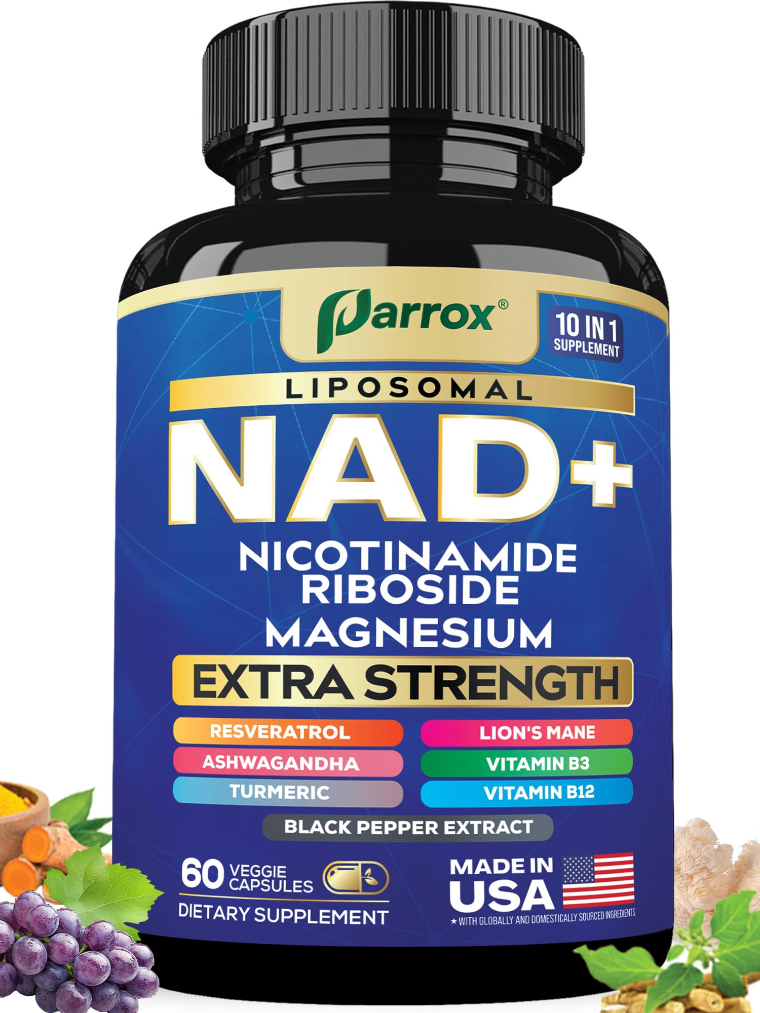 Parrox NAD+ Supplement with Liposomal NAD+, Nicotinamide Riboside, Magnesium, Vitamin B3 & B12, Resveratrol, Turmeric, Ashwagandha, Lion’s Mane,10-in-1 Extra Strength Parrox buy supplements canada