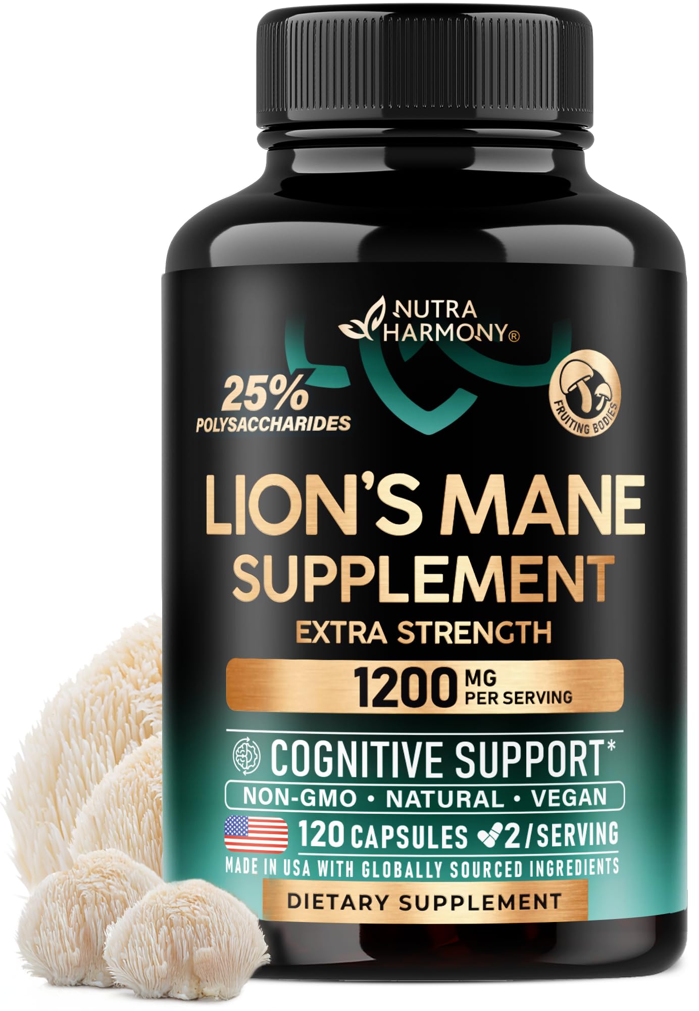 Lions Mane Supplement Capsules - Organic Lions Mane - Made in USA - Fruiting Bodies Extract - 1200 mg, 25% Polysaccharides - Memory & Focus Support NUTRAHARMONY buy supplements canada