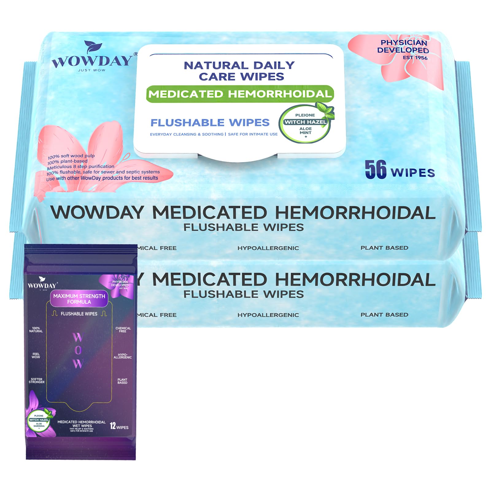 Wowday Flushable Hemorrhoid Wipes | Medicated Witch Hazel Wipes Ph Balanced | 112 Count Natural Fragrance Free Adult Hemorrhoids Witch Hazel Wipe for Butt Itch WowDay buy supplements canada
