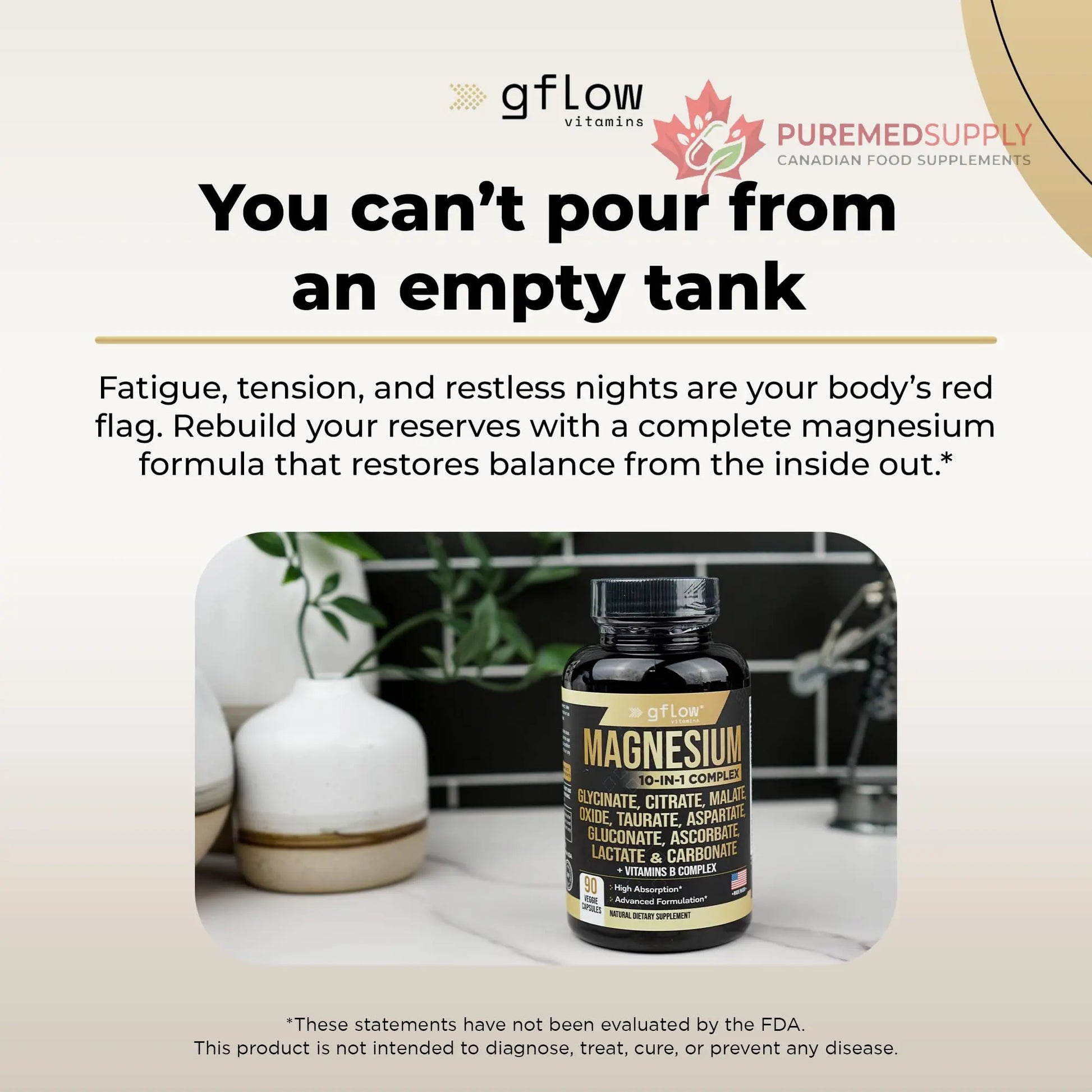gflow vitamins Magnesium Complex Supplement - 10 Active Forms, Glycinate, Citrate, Malate, Oxide, Taurate, Aspartate, Gluconate, Ascorbate, Lactate, Carbonate, Plus More with Vitamin C B1 B2 B6 B12 gflow vitamins buy supplements canada