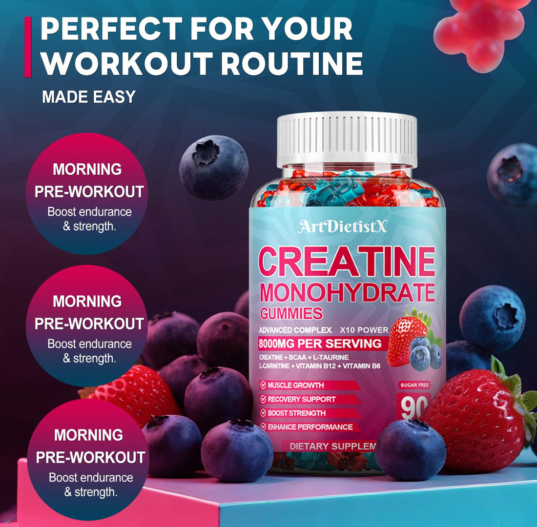 Creatine Monohydrate 8000mg Gummies with BCAA, L-Carnitine, Taurine & Vitamin B12 - Pre Workout Supplement for Muscle Growth, Strength & Energy, Multi-Flavor Chewable Gummies, ArtDietistX buy supplements canada