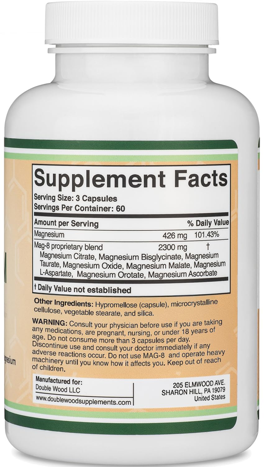 Magnesium Complex Supplement 180 Capsules (426mg Elemental Magnesium Provided by 2,300mg of Eight Different Forms of Magnesium) MAG-8 Provides 100% Daily Recommended Value of Magnesium by Double Wood Double Wood Supplements buy supplements canada