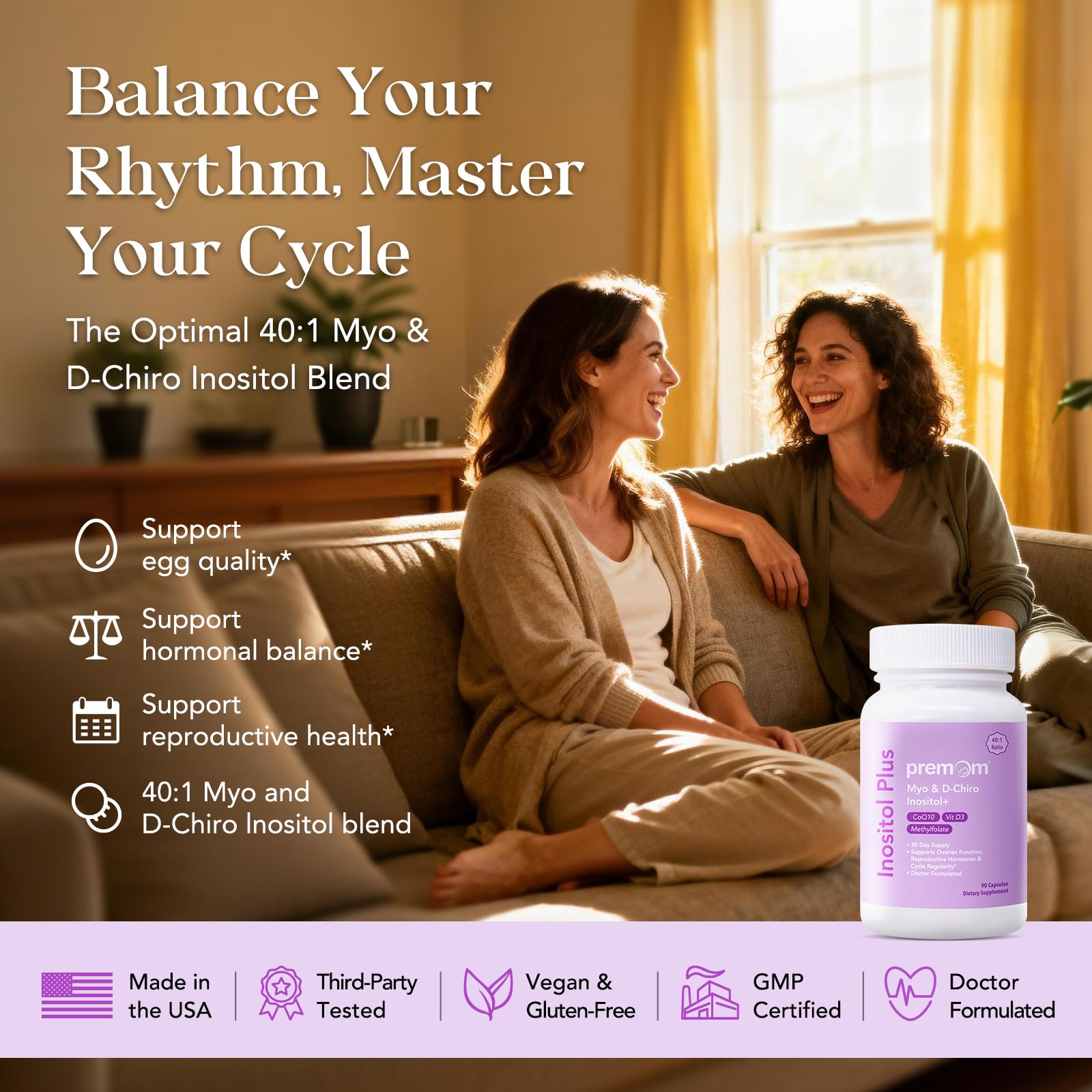 Premom Inositol Plus - 2000mg Myo-Inositol & 50mg D-Chiro Inositol, CoQ10, Folate & Vitamin D3-40:1 Ratio - Supports Hormonal Balance, Ovarian & Reproductive Health - 30 Day Supply Premom buy supplements canada