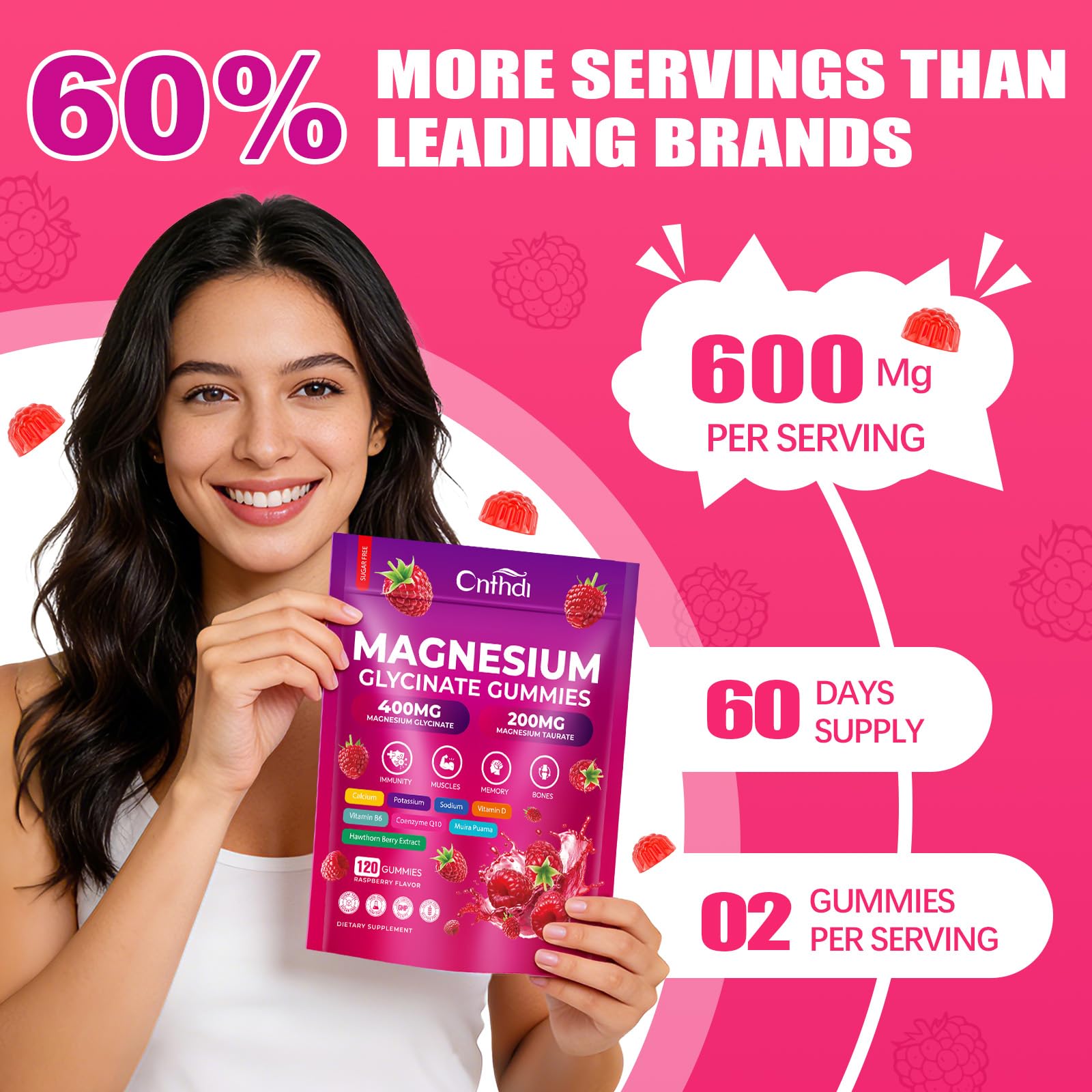 CNFHDI Magnesium Glycinate Gummies 600mg, 120 Counts Chews Sugar Free Magnesium Gummies for Adults & Kids with Calcium, Zinc & CQ10, Potassium Supplements for Zzz, Brain, Muscle & Relax CNFHDI buy supplements canada