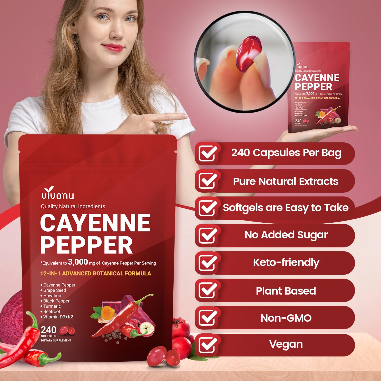 VivoNu Cayenne Pepper Softgels Supplement, Supports Leg Vein, Heart and Blood Vessel Health, with Vitamin E D3+K2 and Extracts of Grape Seed, Hawthorn VivoNu buy supplements canada