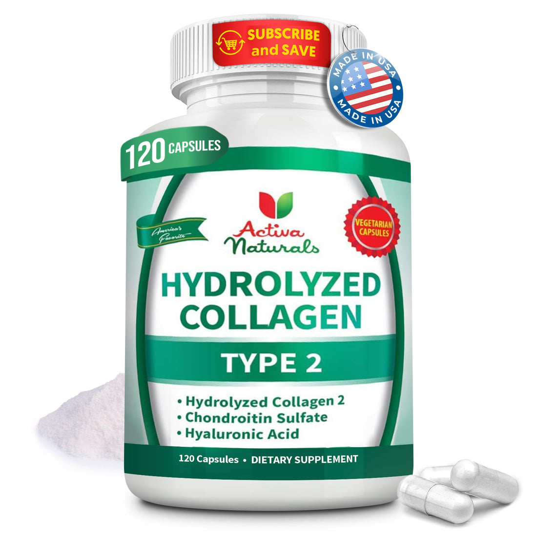 Activa Naturals Collagen Type 2 Hydrolyzed Supplement with Chondroitin and Hyaluronic, for Healthy Hair, Skin, and Nails, No Fillers, Additives, and No Artificial Colors - 120 Vegetarian Capsules Activa Naturals buy supplements canada