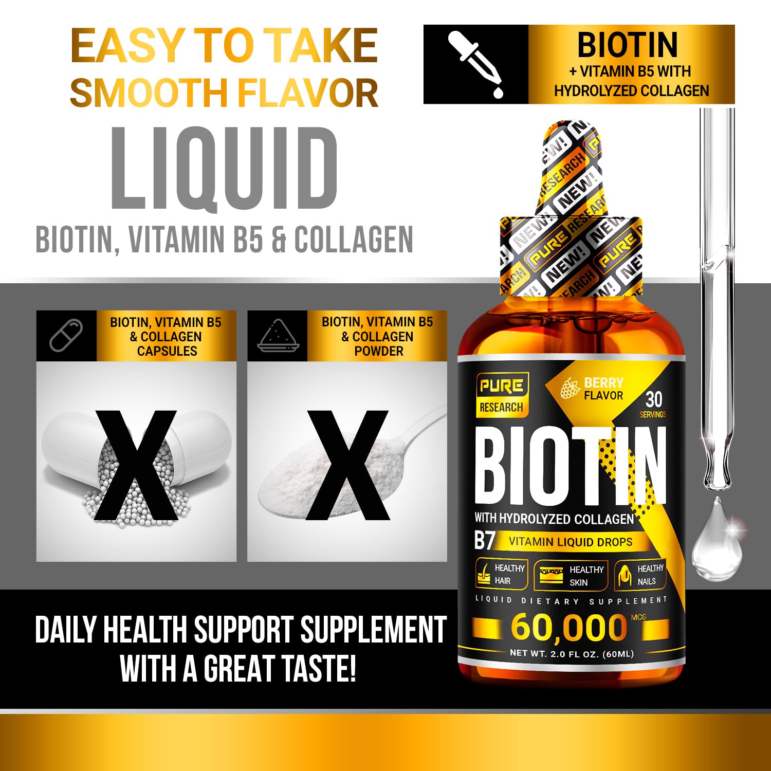 PURE RESEARCH Liquid Biotin & Collagen Hair Growth Drops 60,000mcg – Biotin and Liquid Collagen Supplements for Women & Men – Supports Glowing Skin PURE RESEARCH buy supplements canada