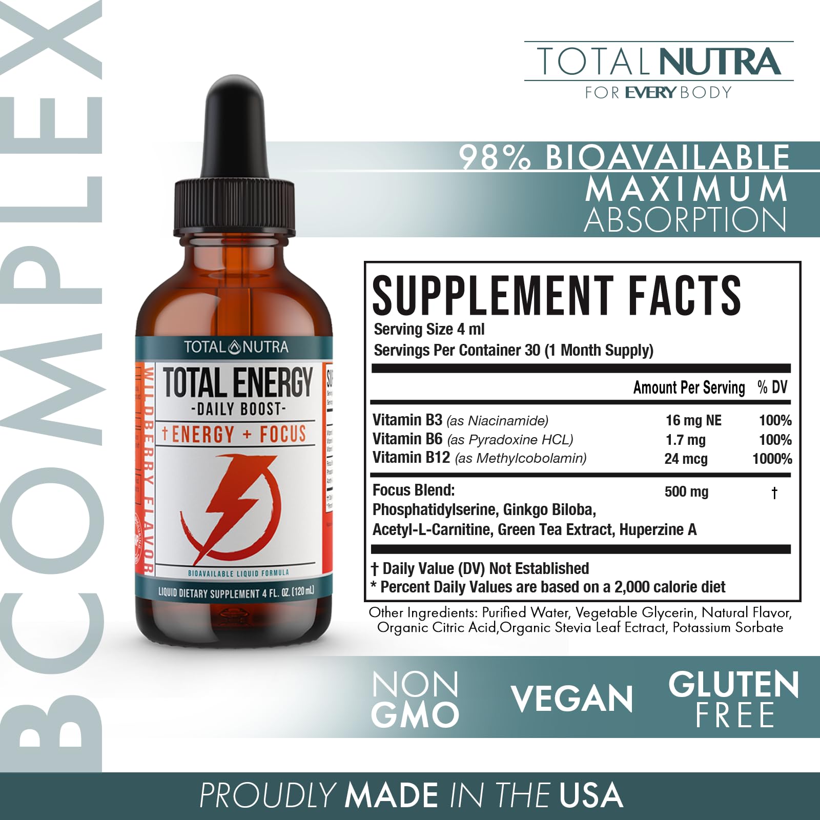 Extra Strength Vitamin B Complex Drops- B Vitamins B12, B6, B3- Vegan and Non GMO Total Nutra buy supplements canada