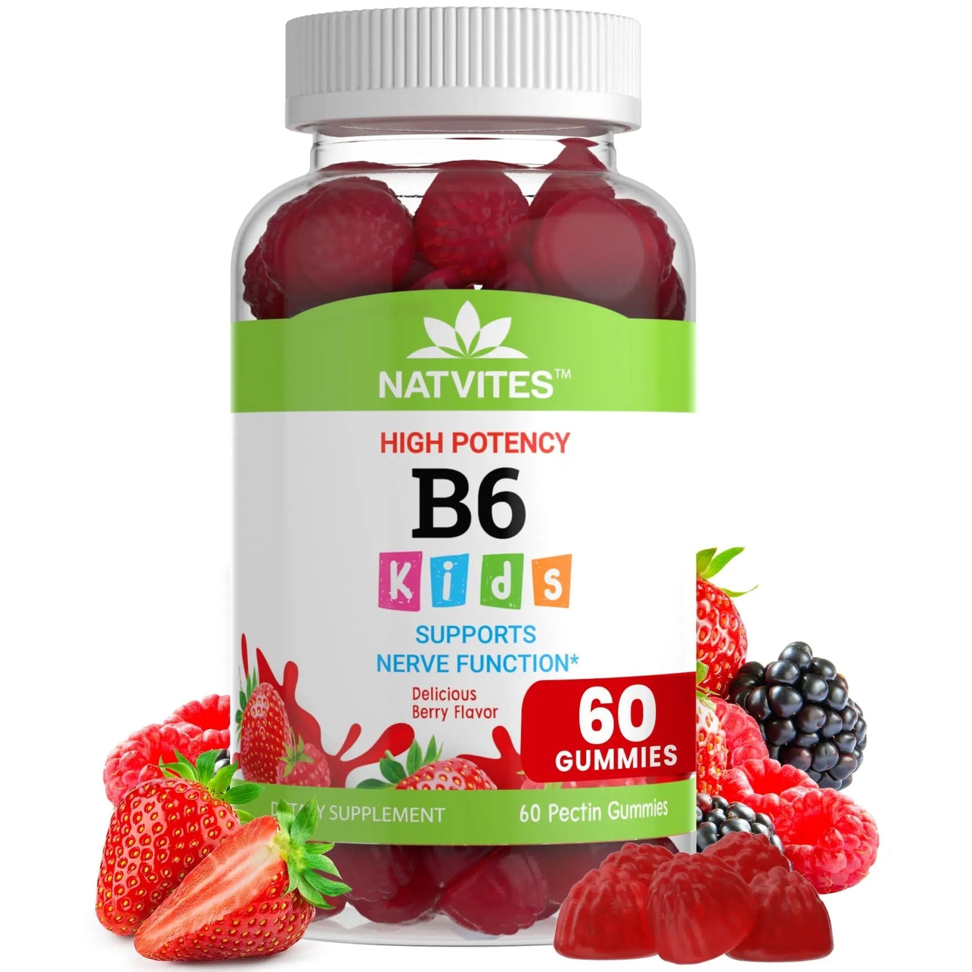 Natvites High-Potency Vitamin B6 Gummies for Kids - Delicious Berry Flavored VIT B6 Vitamins 50mg - Supports Nerve Function - Vegetarian Gluten Free Non-GMO Children's 50 mg B 6 Supplement (60 Count) Natvites buy supplements canada