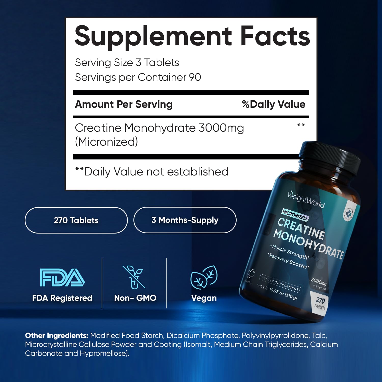 WeightWorld Micronized Creatine Monohydrate 3000mg Tablets - Muscle Growth, Strength, Energy & Recovery | Pre Workout Creatine for Women & Men | 1000mg per Tab WeightWorld buy supplements canada