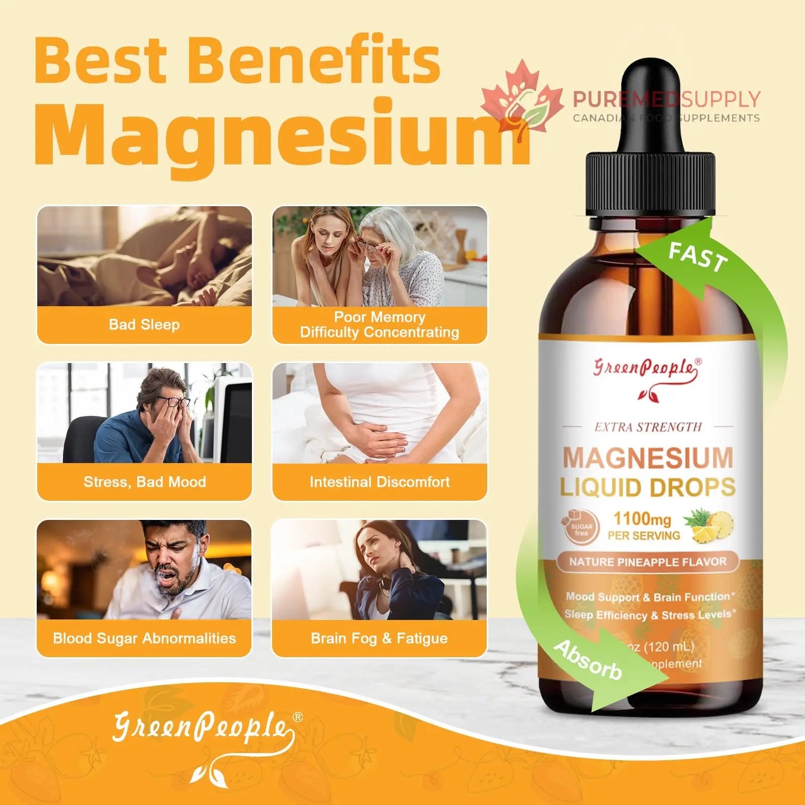 GREENPEOPLE 17-in-1 Triple Magnesium Complex Supplement,Magnesio Liquid Drops with Magnesium Glycinate & Citrate,Pineapple Flavor,Calm Mood,Muscle & Sleep for Adults,4 fl. oz 2Pack GREENPEOPLE buy supplements canada