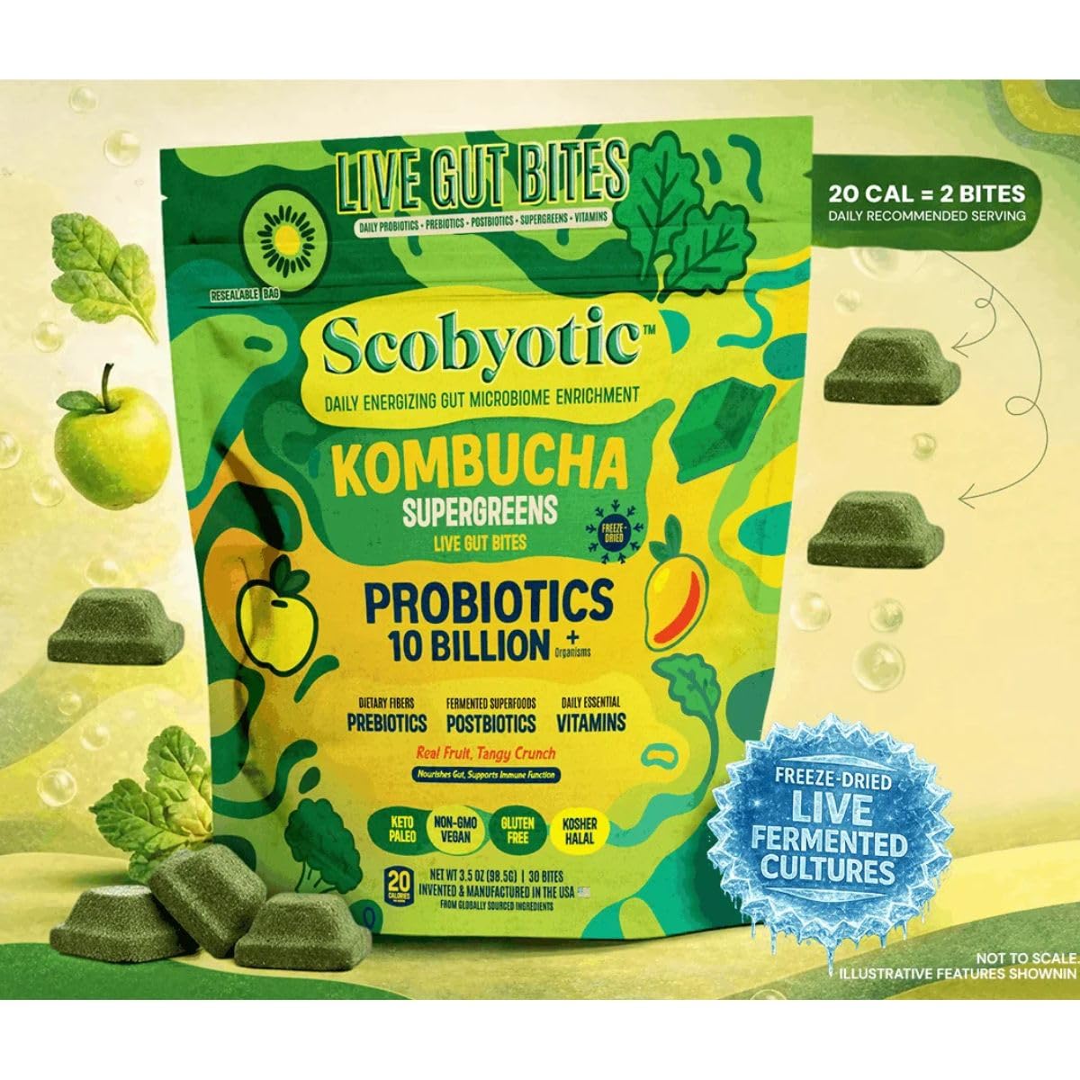 Scobyotic® Kombucha Supergreens Live Gut Bites – 10 Billion CFU Probiotics + Prebiotics & Postbiotics – Kombucha & Supergreens – Freeze-Dried Probiotic Supplement Scobyotic buy supplements canada