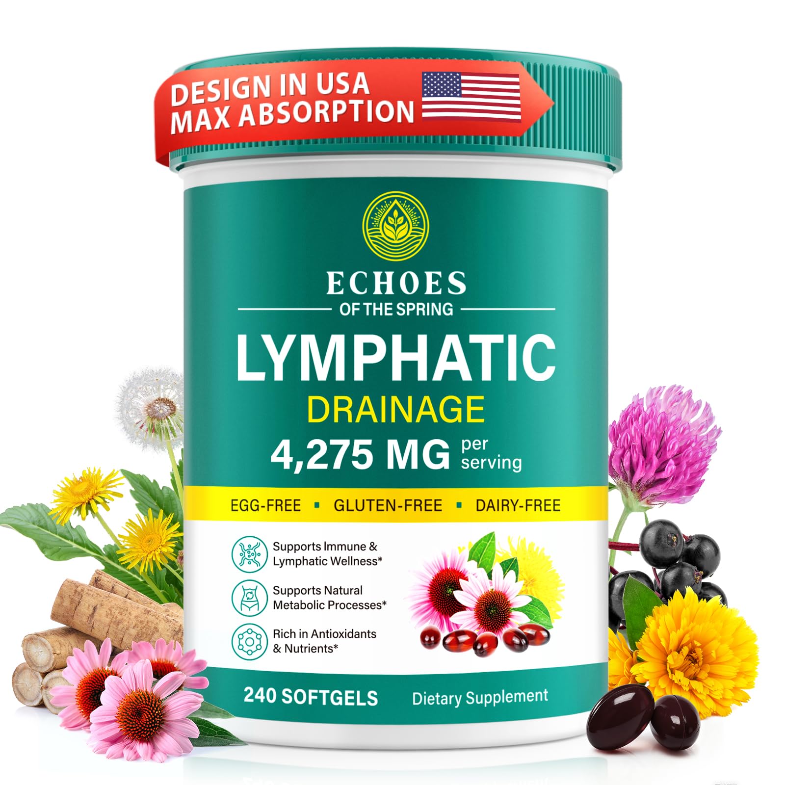 Lymphatic Drainage Supplements, 4275mg Lymph System Support Supplement for Women & Men, Daily Wellness Support, 21-in-1 Herbal Blend with Echinacea, Dandelion, Burdock, Turmeric & More, 240 Softgels Echoes of the spring buy supplements canada