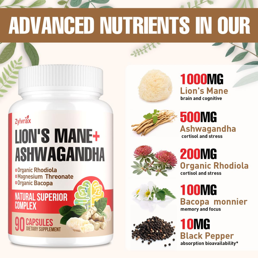 Ashwagandha & Lions Mane Supplements Capsules, Brain Supplements for Memory and Focus, Ashwagandha with Rhodiola Rosea for Cognitive, Immune Support, Cortisol Supplements for Women, 90 Capsules Zylvrax buy supplements canada
