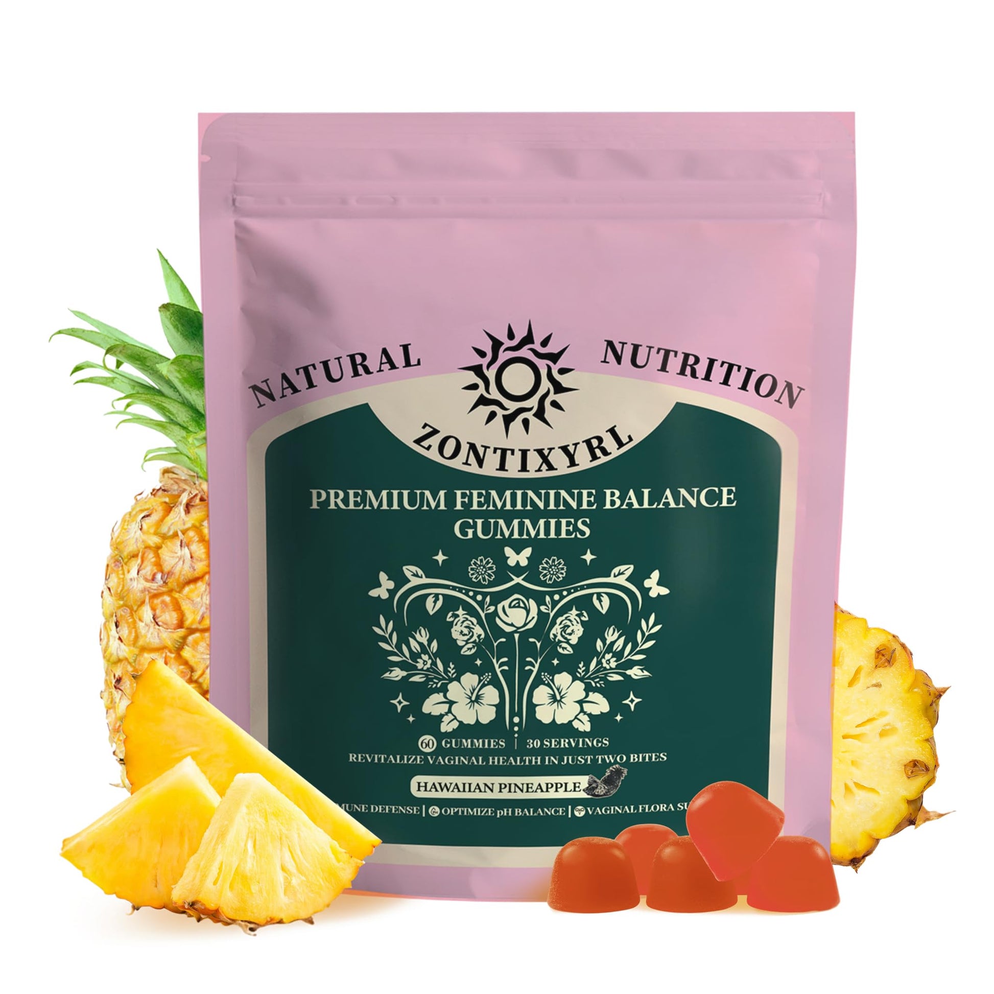 Zontixyrl Premium Feminine Balance Gummies Women - Pineapple Gummies for Women pH Probiotic and Immune Support Vegan Gluten Free 60 Gummies 30 Servings Zontixyrl buy supplements canada