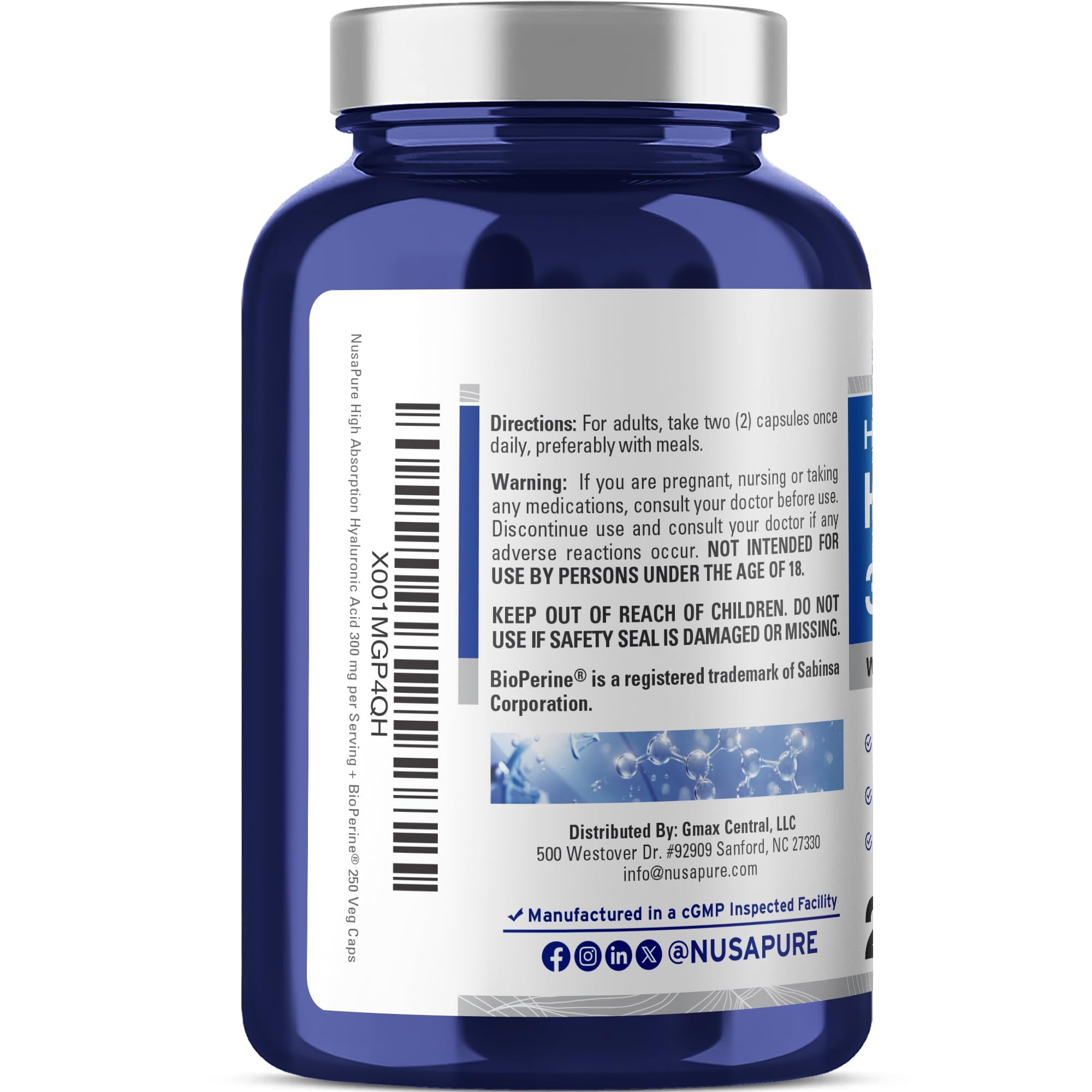 NusaPure Hyaluronic Acid 300mg 250 Veggie Capsules (Non-GMO, Vegan) NusaPure buy supplements canada