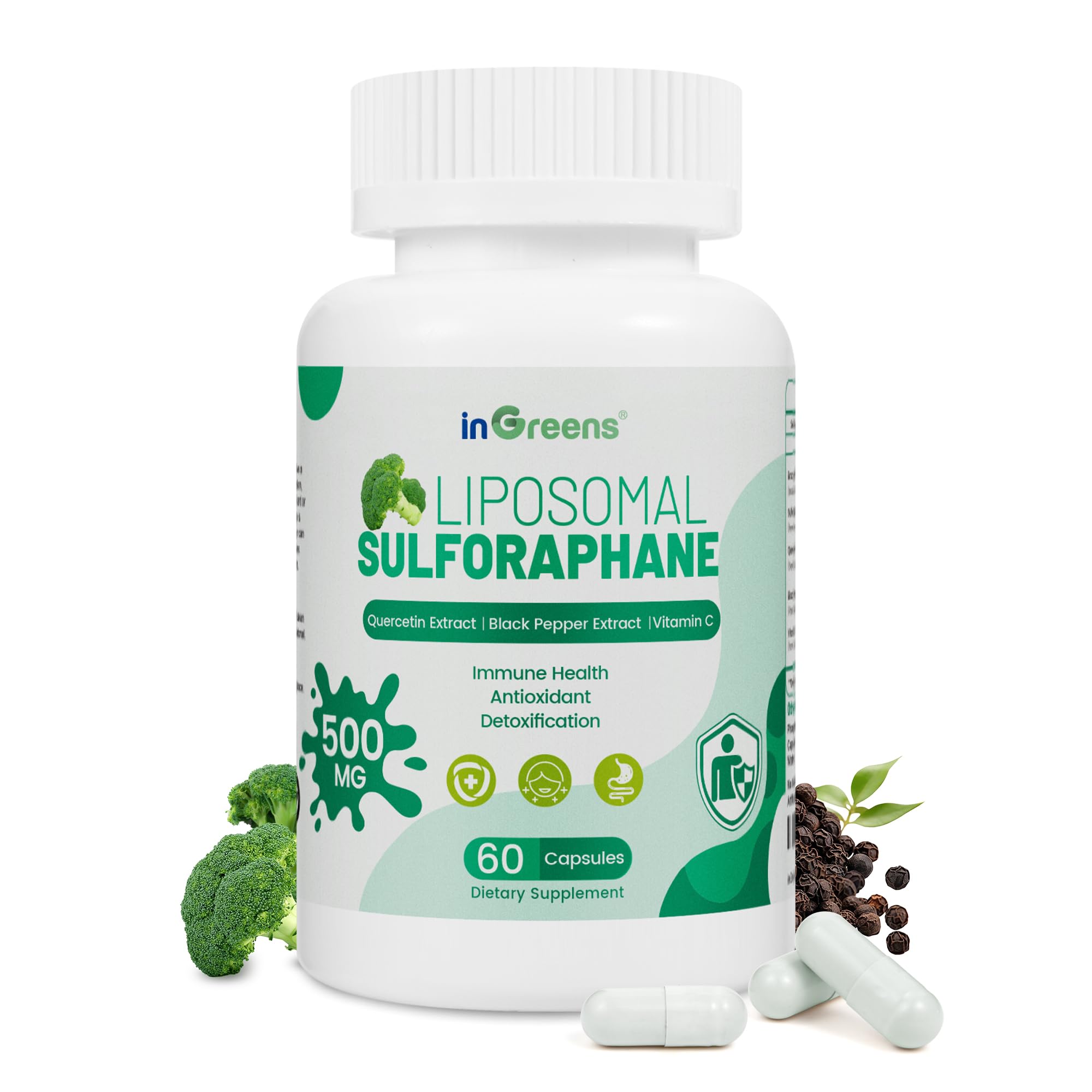 Liposomal Sulforaphane 500mg Supplement from Broccoli Extract with Quercetin, Black Pepper & Vitamin C – Antioxidant, Detox & Cellular Support, Cellular Health Formula for Men & Women, 60 Capsules inGreens buy supplements canada