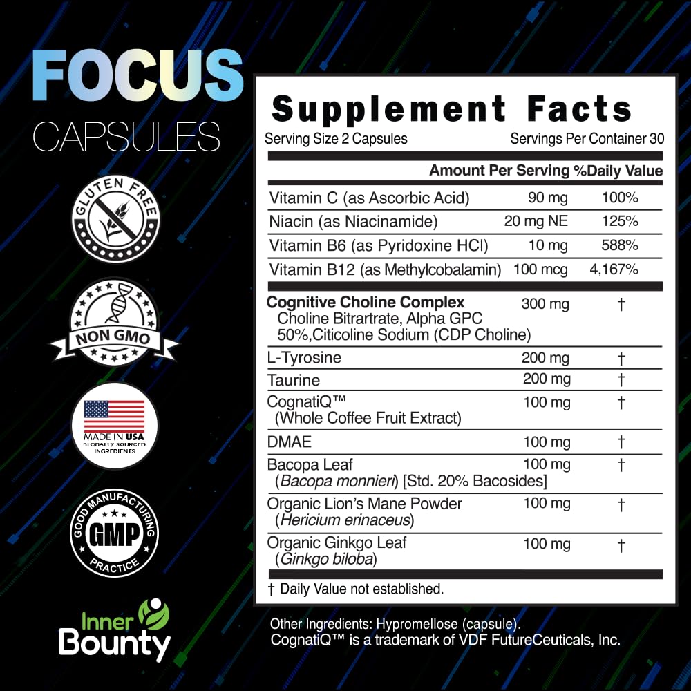 Inner Bounty Focus 14-in-1 Nootropic Brain Supplement with Lions Mane, Alpha GPC Choline, Vitamin C & B12, Taurine, Bacopa - Energy, Cognitive, Memory Support, 60 Filler Free Capsules Inner Bounty buy supplements canada