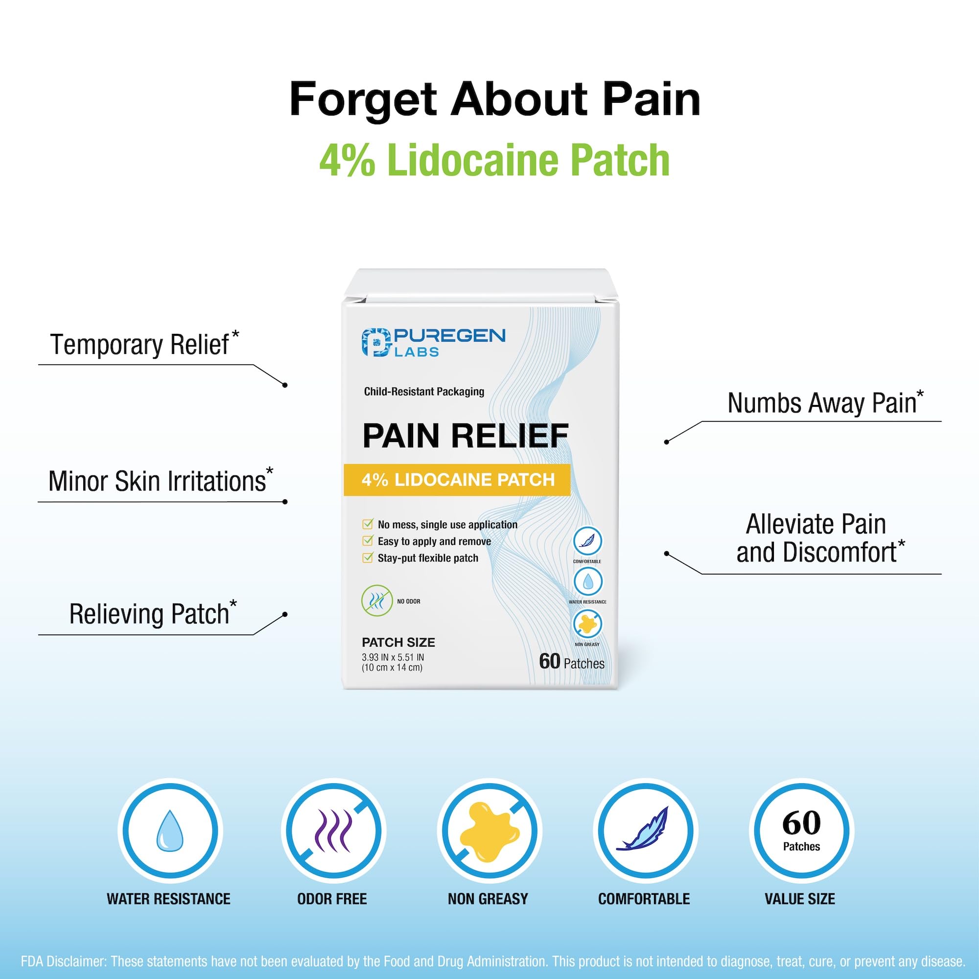 Puregen Labs Lidocaine 4% Numbing Patch - Total 60 Patches Maximum Strength | Fast Acting Temporary Relief of Aches | Back, Neck, Shoulders, Elbows and Knees P Puregen Labs buy supplements canada