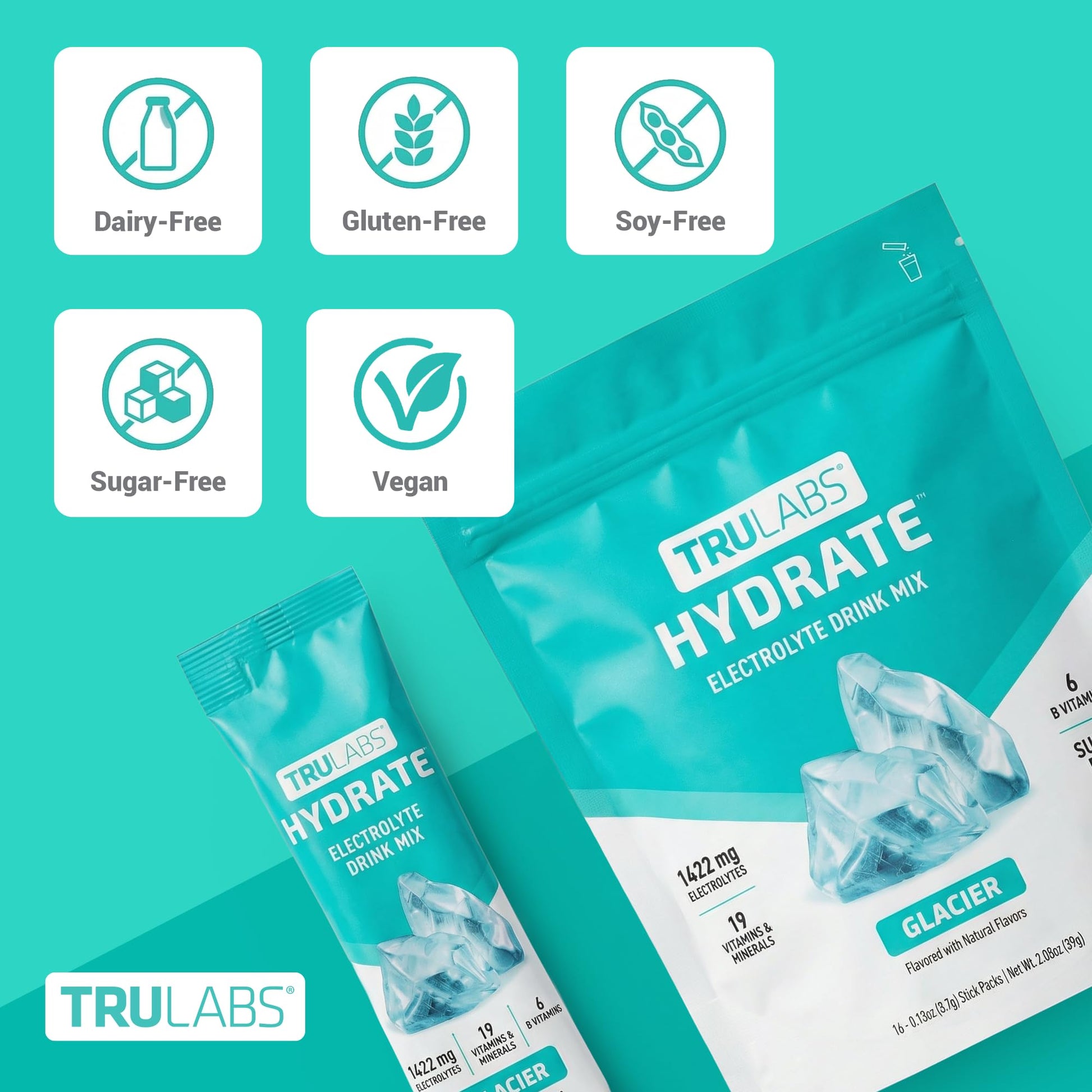 TRULABS Hydrate Electrolyte Drink Mix – Glacier Flavor, Sugar-Free Hydration Packets with 1422 mg Electrolytes & 19 Vitamins & Minerals, Monk Fruit Sweetened, On-the-Go Sticks (16 Count) TRULABS buy supplements canada