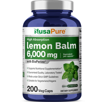 NusaPure Lemon Balm 30:1 Extract, 200 mg Equivalent to 6000mg Per Vegan Caps - 200 Count Non-GMO, Vegan Bioperine NusaPure buy supplements canada